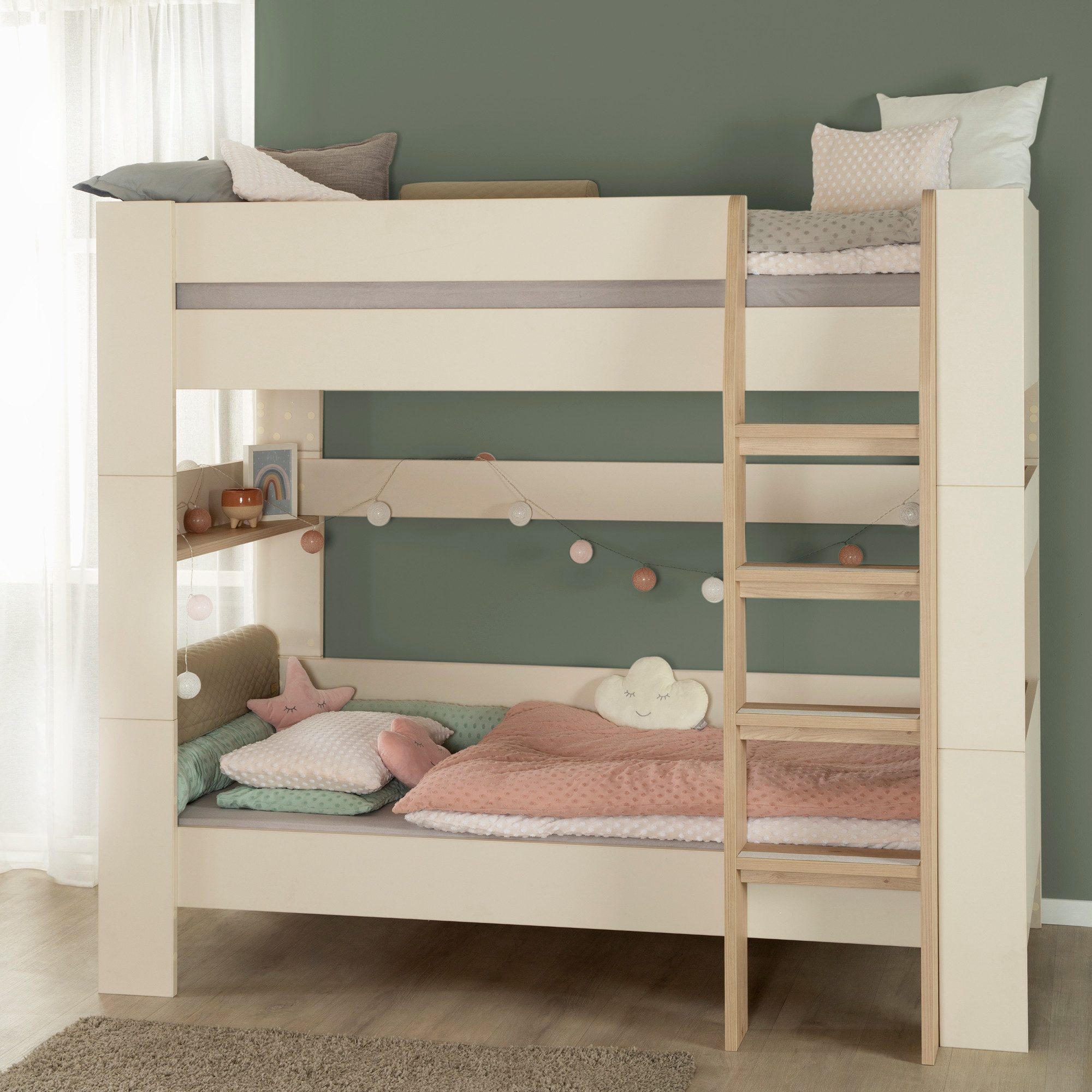 roba® Hochbett Flexi Grow 90 x 200 cm - aus Holz - Scandi Design (Hergestellt in Europa, Blauer Engel zertifiziert, Hochbett für Kinder oder Jugendliche) Etagenbett für zwei Kinder mit Absturzsicherung - Beige / Cashmere