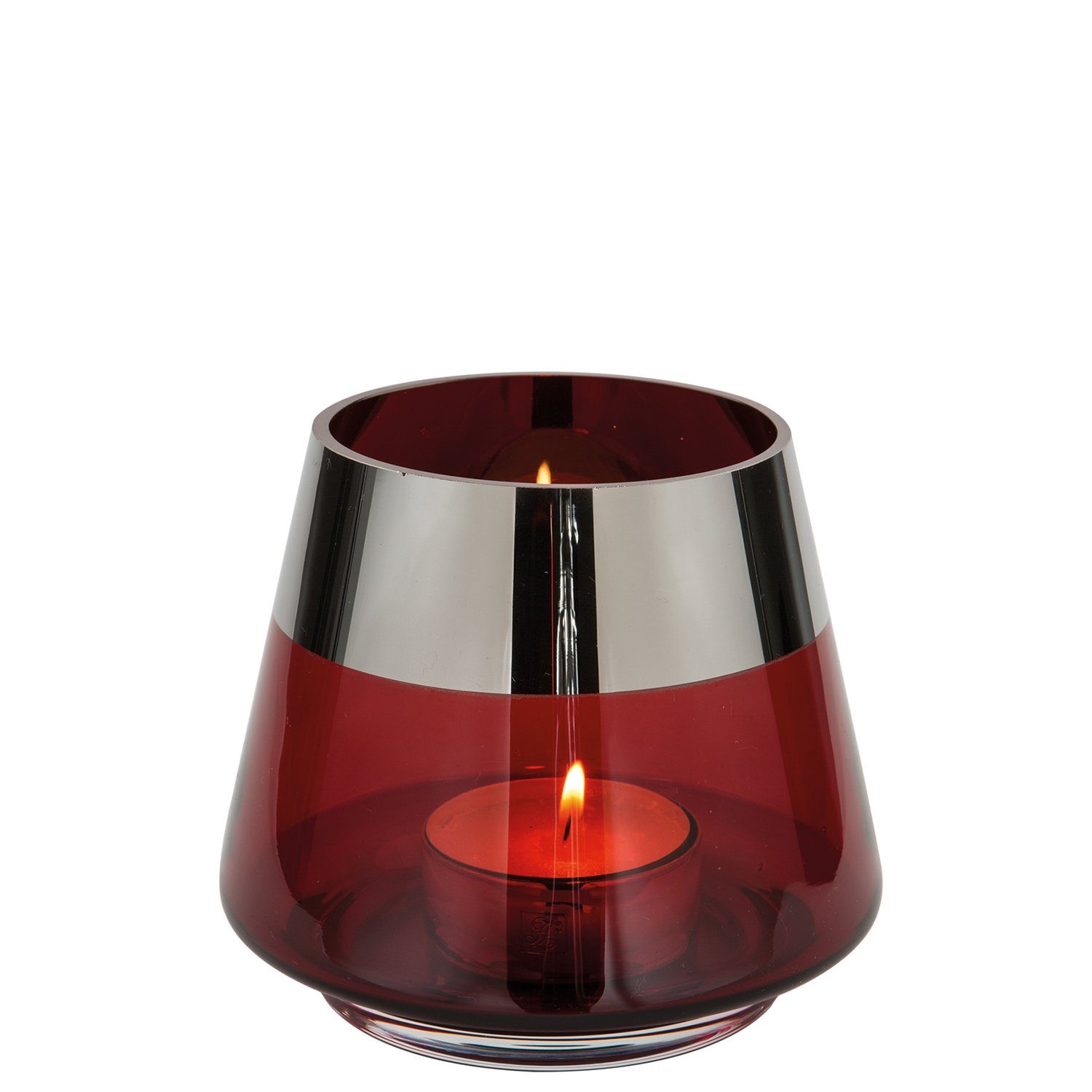 Fink Teelichthalter Teelichthalter JONA - rot - Glas - H.13cm x B.15cm (0 St), mundgeblasen - folierter silberfarbener Rand - Ø Öffnung: 9,5 cm