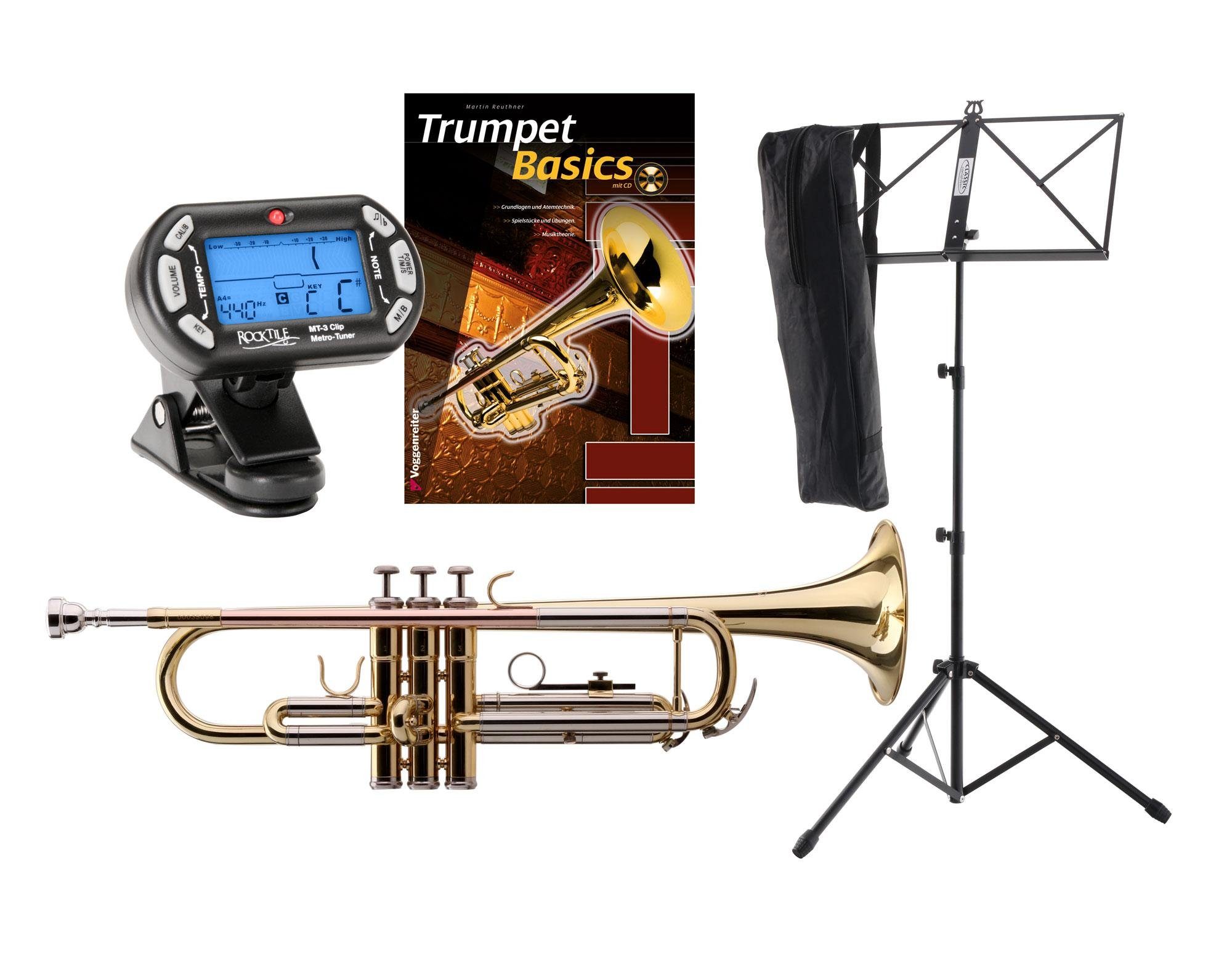 Classic Cantabile Bb-Trompete TR-39 Trompete, (Anfänger-Set, inkl. Koffer, Mundstück, Tuner & Notenständer), Mundrohr: Goldmessing, Bohrung: 11,8 mm