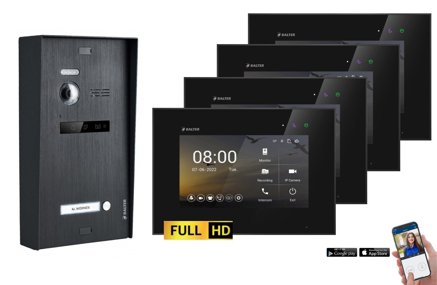 Balter Video-Türsprechanlage BALTER EVO-HD Aufputz Türsprechanlage 2-Draht 1-Familienhaus Schwarz (Set, 1-Familienhaus, Komplettset, Full HD 175° Kamera, App-Steuerung)