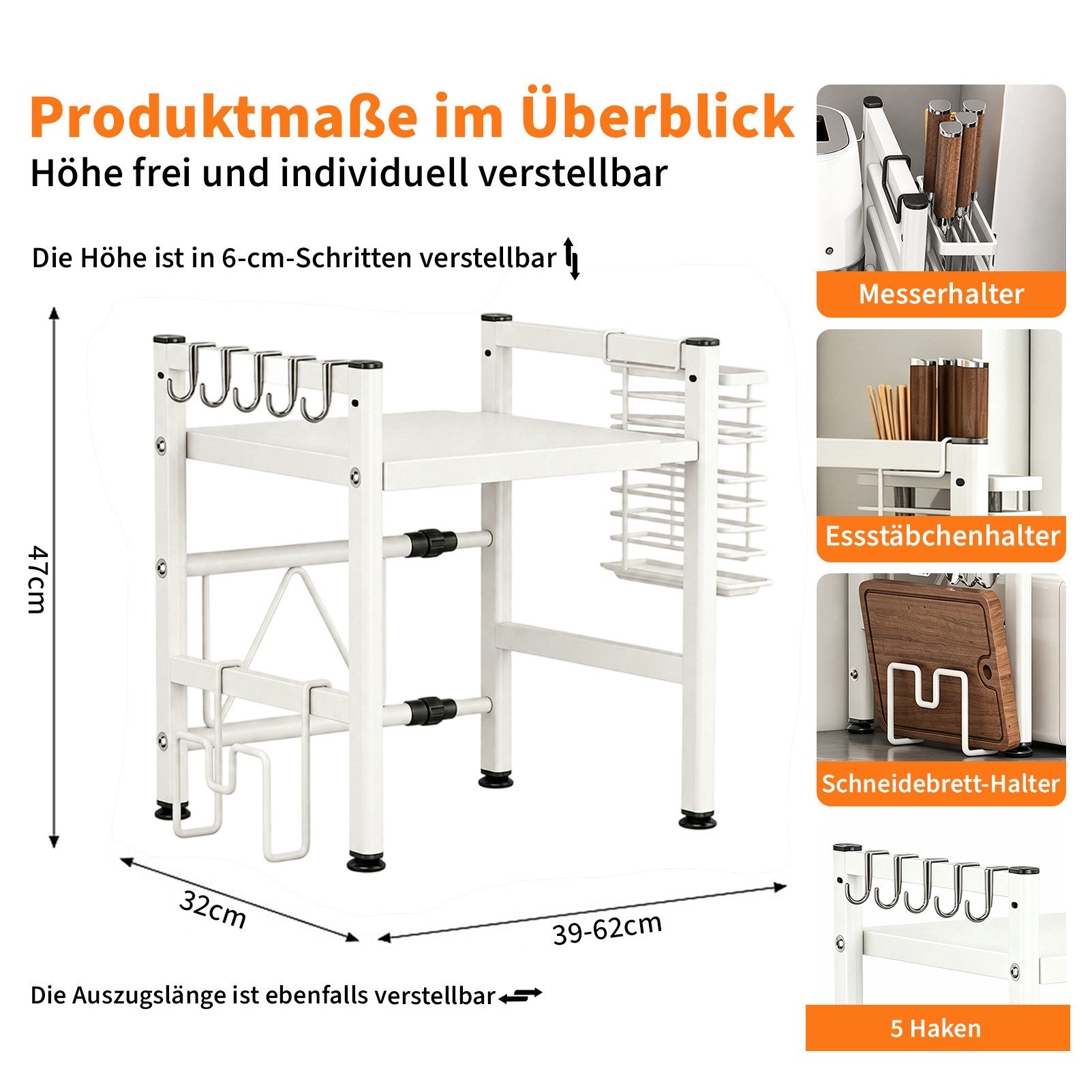 Esun Standregal Mikrowellen Regal 2-Stufig Microwave Shelf Schrank Küchenregal, Stahl, Mikrowellenregal mit 5 Haken, Schneidebrettständer