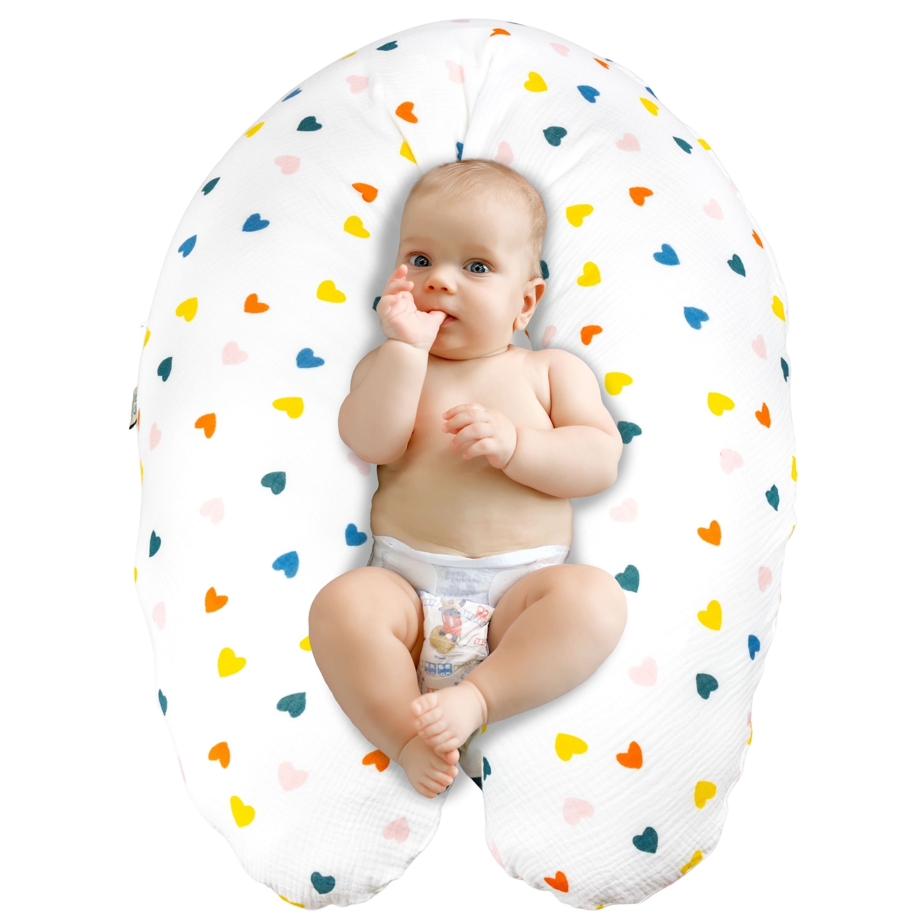 Neugeborene, Baby Design 100% XXL Musselin Stillkissen cm, 190x30 SEI Seitenschläferkissen Bezug - Baumwolle Herzchen Kissen Babynest Erstausstattung XXL