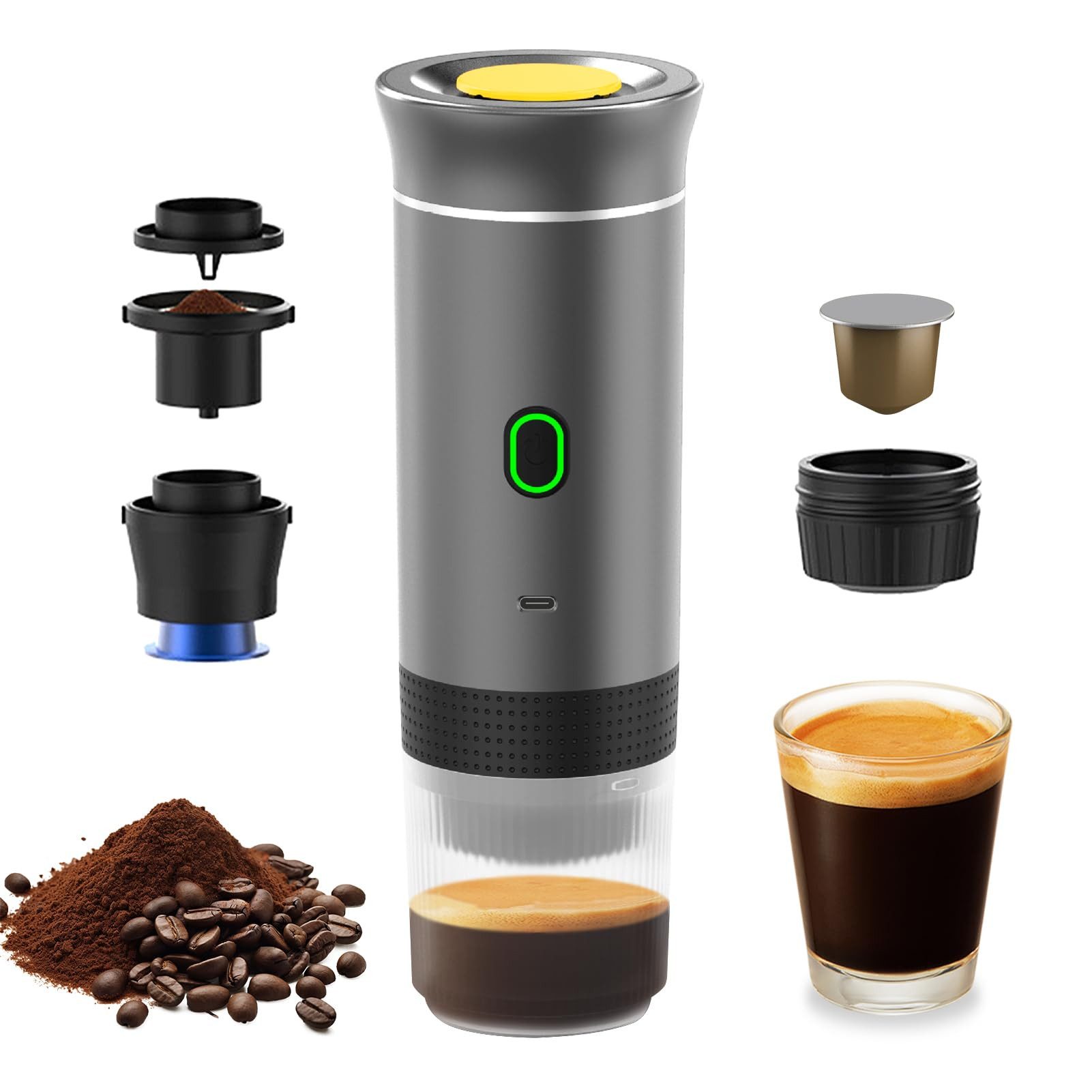 TWUFY Filterkaffeemaschine Tragbare,Kaffeemaschine Auto,Portable Reisekaffeemaschine,für unterwegs oder Camping, 0.06l Kaffeekanne, Kapselsystem & Pulverfilter (wiederverwendbar), 3-in-1 Espressomaschine mit 3 austauschbaren Akkus