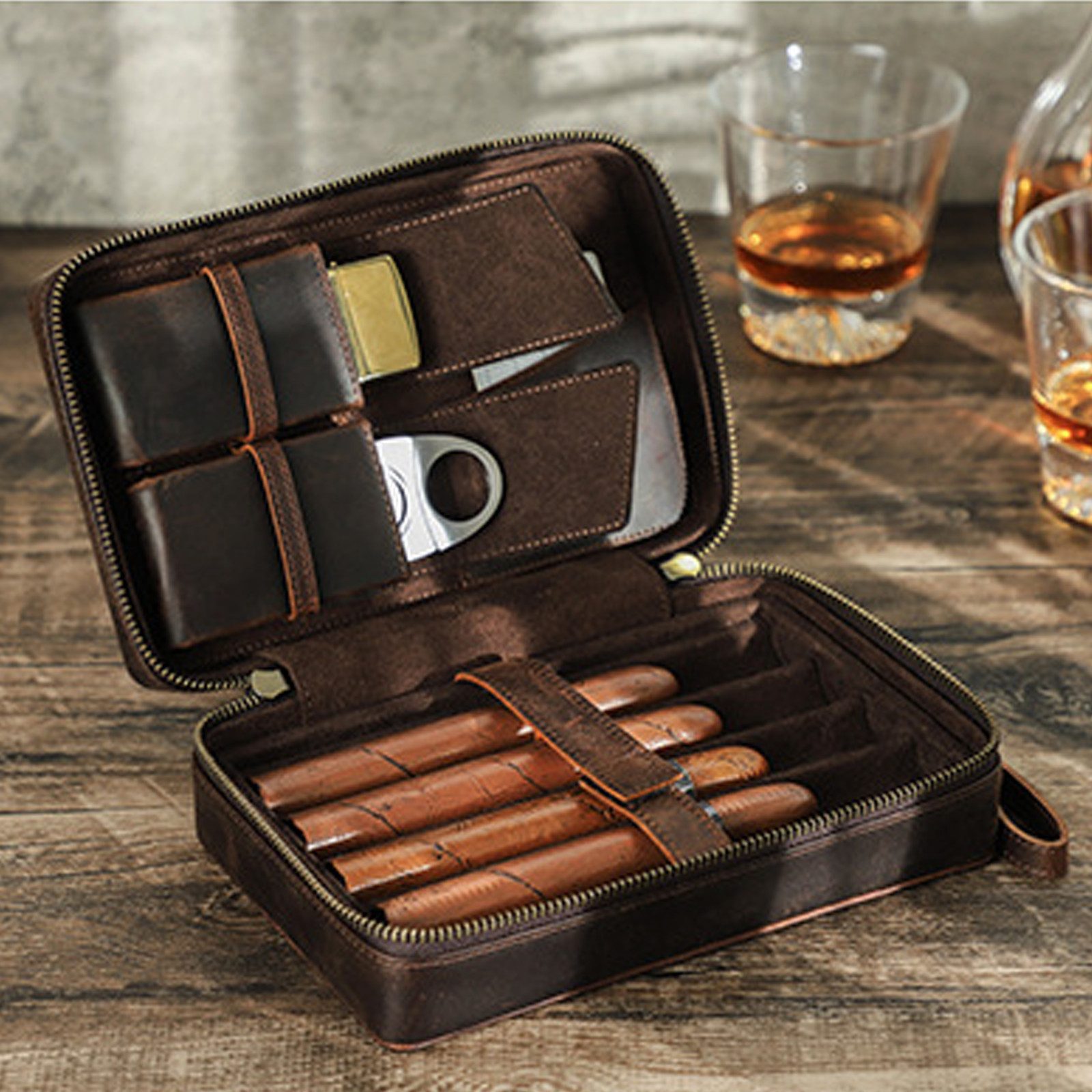 Tabakbeutel Echtes Crazy Horse Leder Zigarrenetui 4 Slots Tragbar Reisehumidor Box