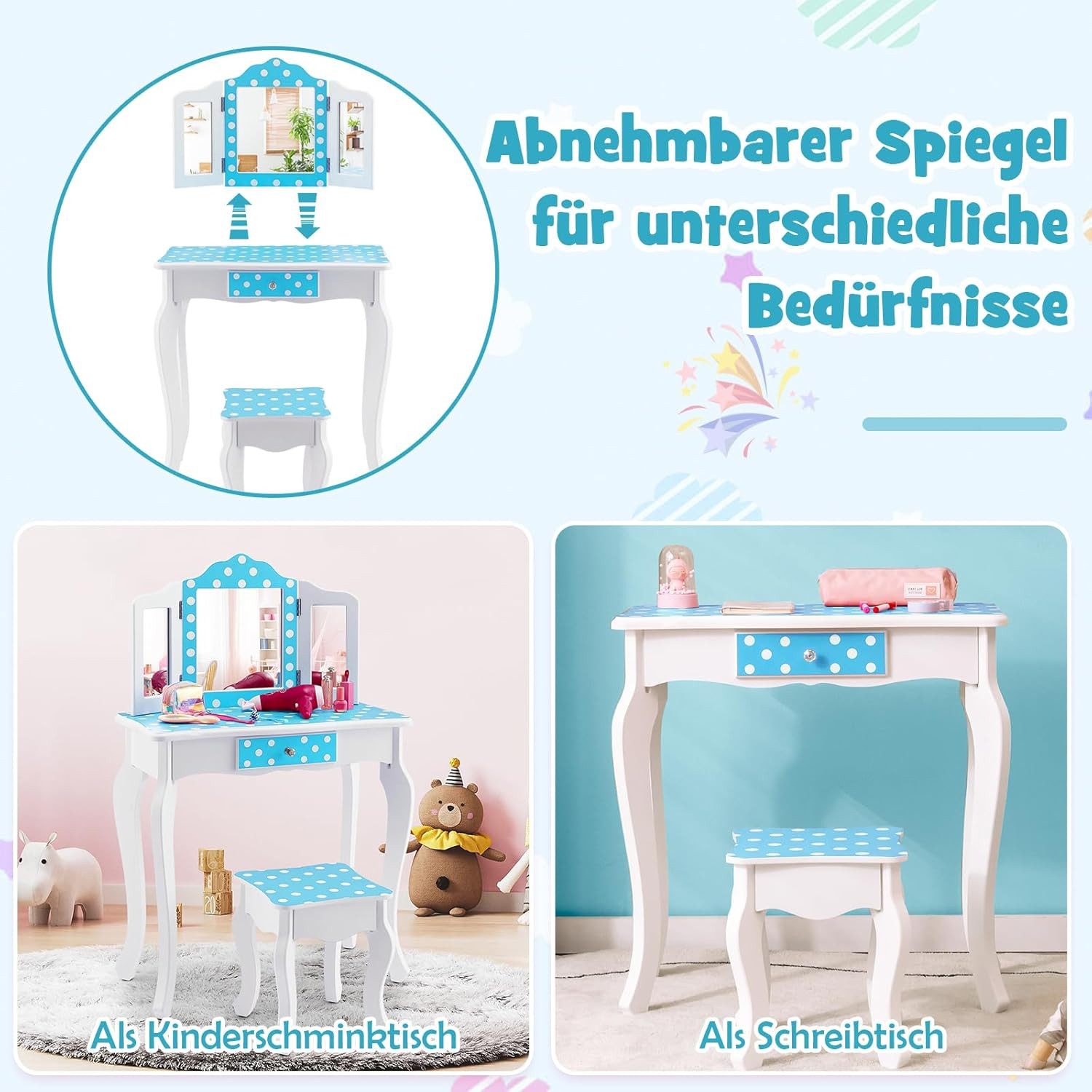KOMFOTTEU Schminktisch Kinder, mit Hocker und abnehmbarer Spiegel