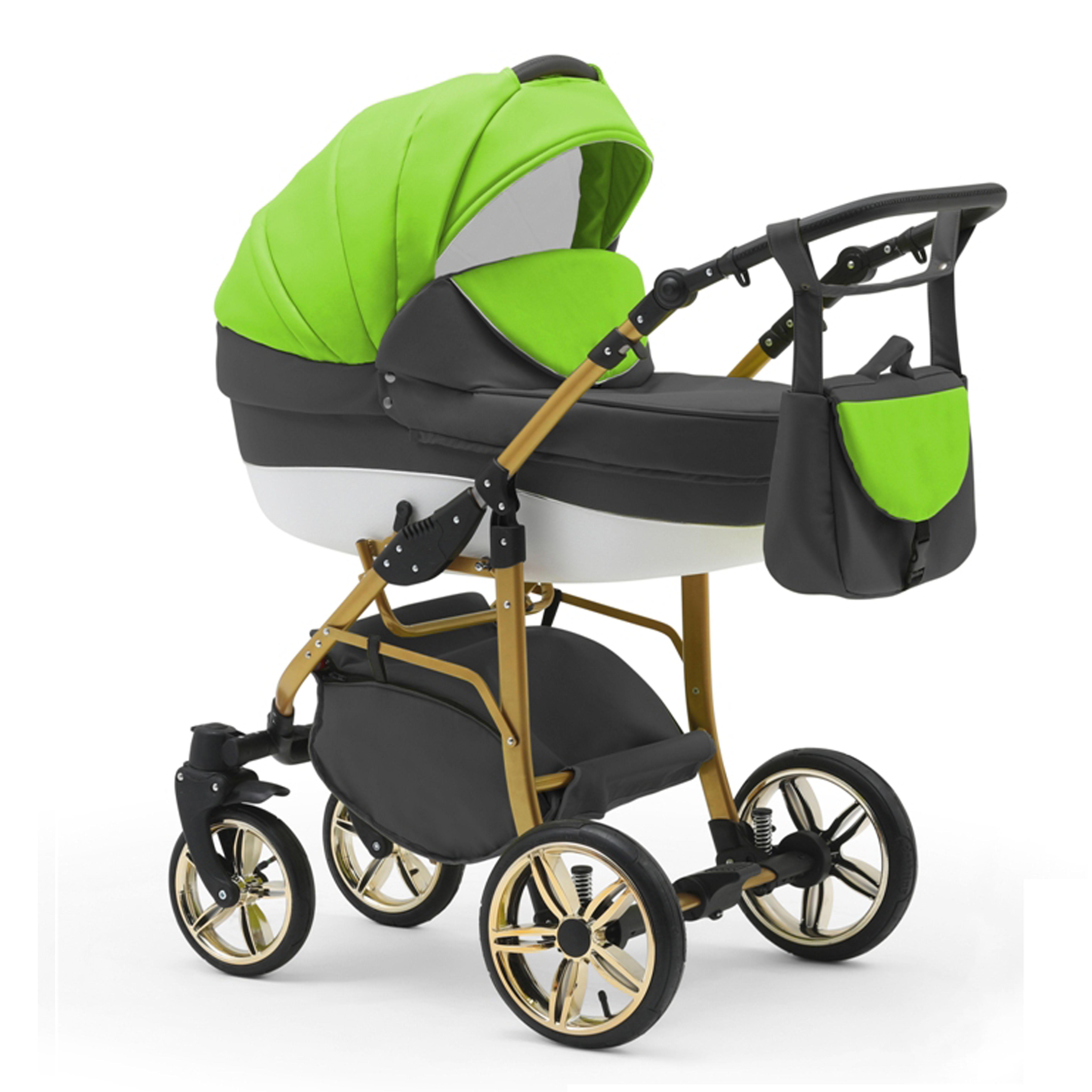 babies-on-wheels Kombi-Kinderwagen 2 in 1 Kinderwagen-Set Cosmo Gold - 13 Teile - in 46 Farben Grün-Grau-Weiß | Kombikinderwagen