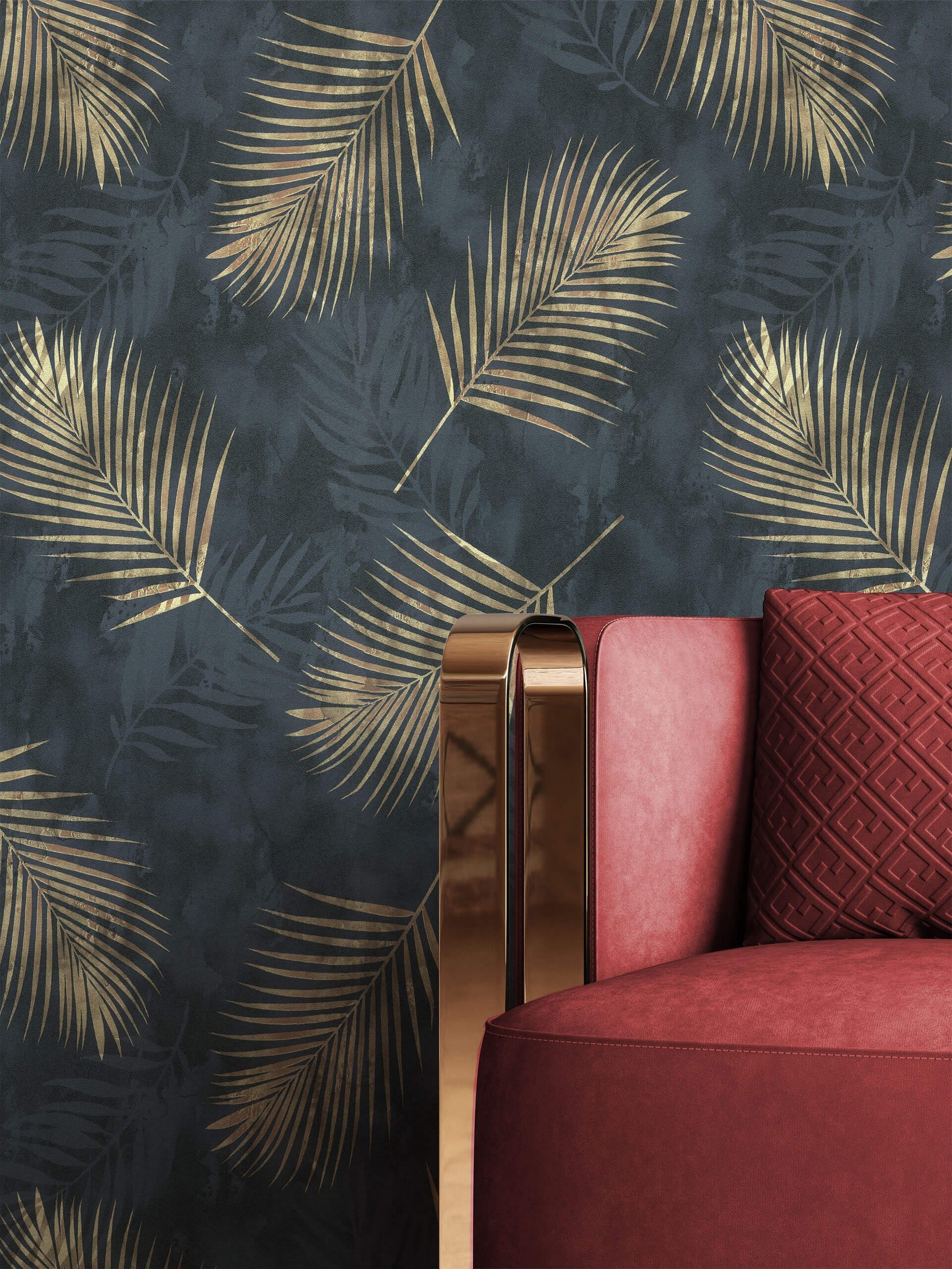 Newroom Vliestapete, Schwarz Tapete Floral Blätter - Dschungeltapete Gold Tropisch Modern Dschungel Botanik für Wohnzimmer Schlafzimmer Küche