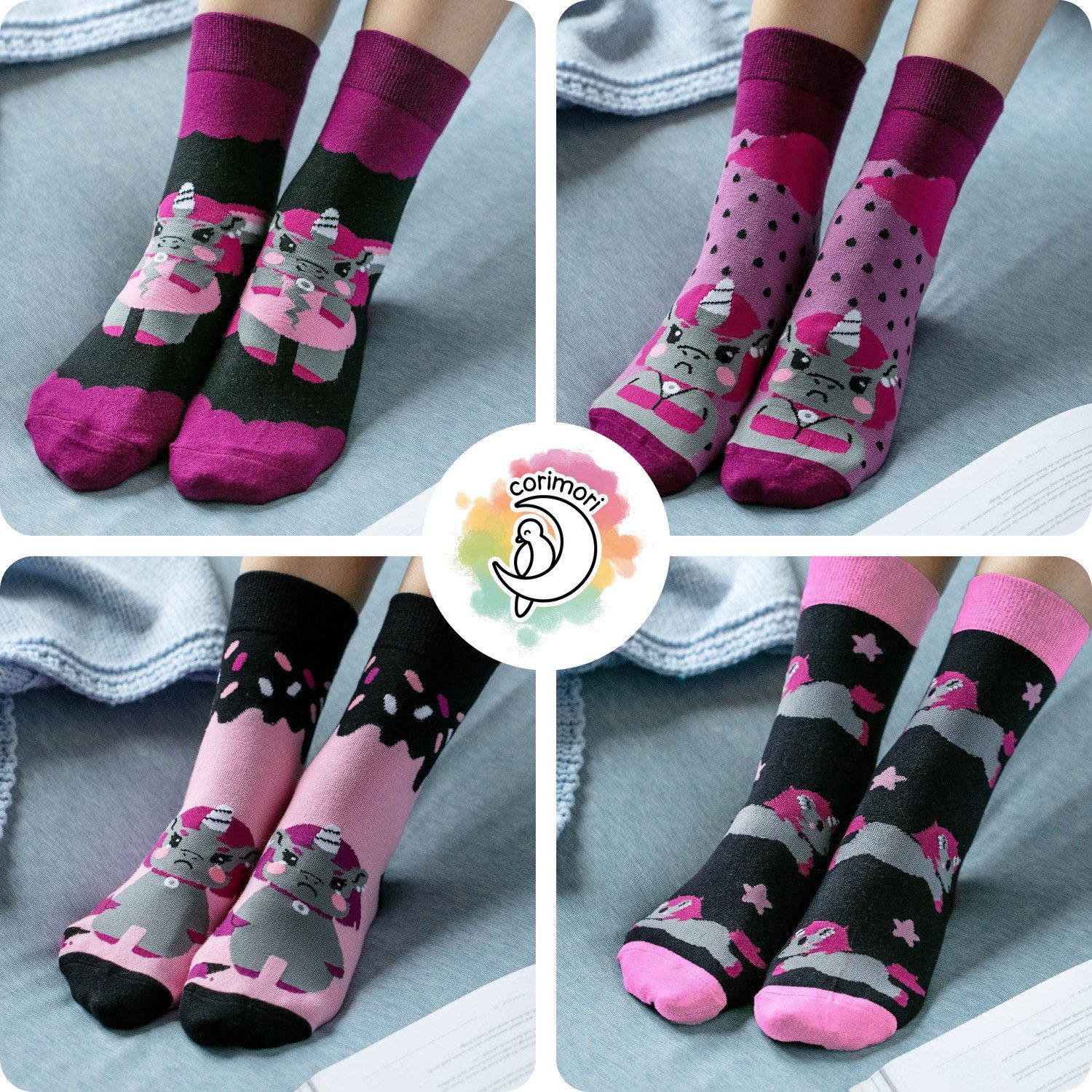 Corimori Haussocken Witzige Einhorn Baumwolle Socken 4er Set Geschenk-Box Unicorn Anime (Packung, 4-Paar, Geschenk) Einheitsgröße 36-44, Kawaii Strümpfe, plastikfreie Geschenkverpackung