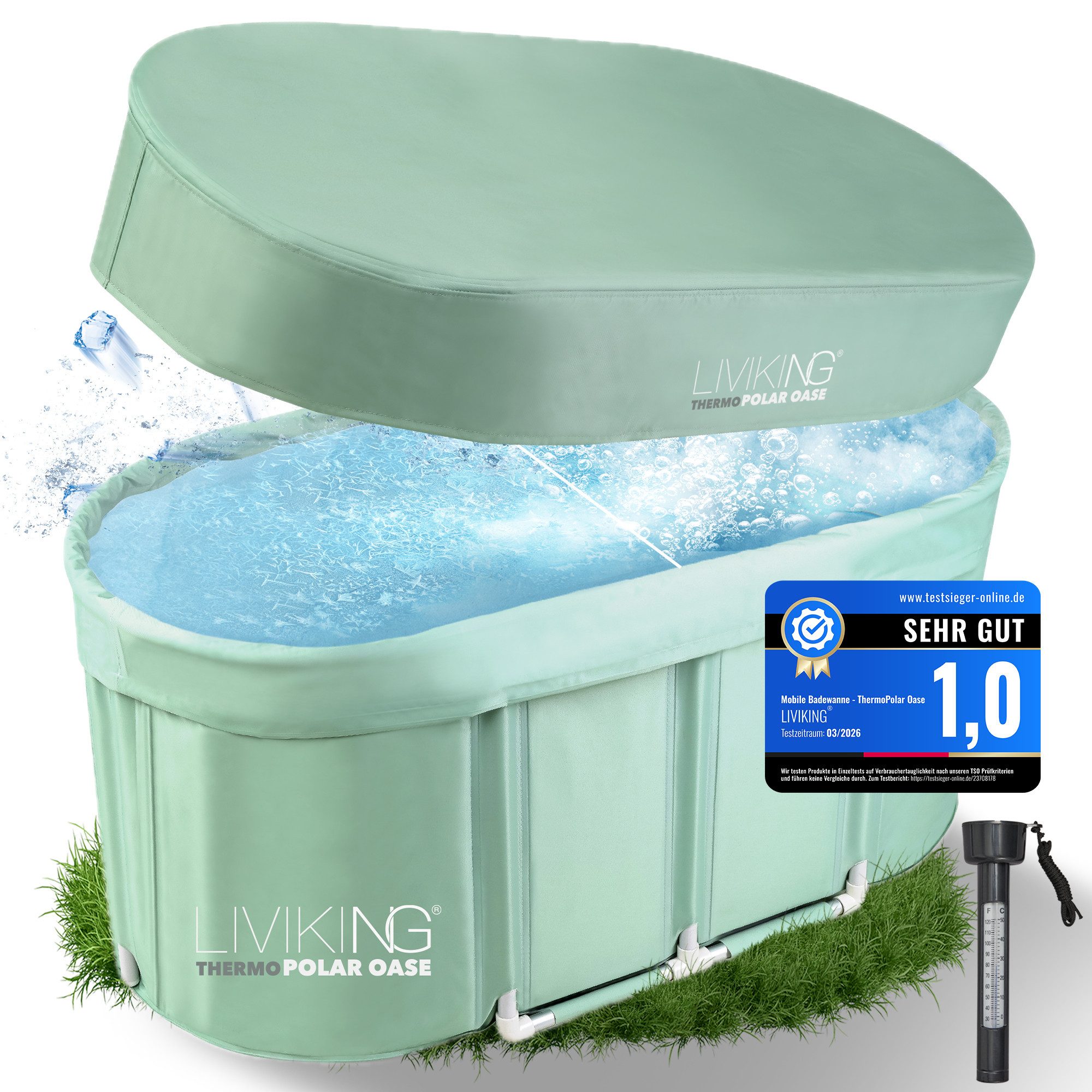 LIVIKING® Badewanne faltbar & Eisbad - 120cm KOMFORT - mobile Outdoor Badewanne Erwachsene, (KOMPLETTSET ThermoPolar Oase - ovale Sport Eistonne), ThermoPolar Isolierung, SolidShape Rahmen, Balkon Mini Pool Eisfass