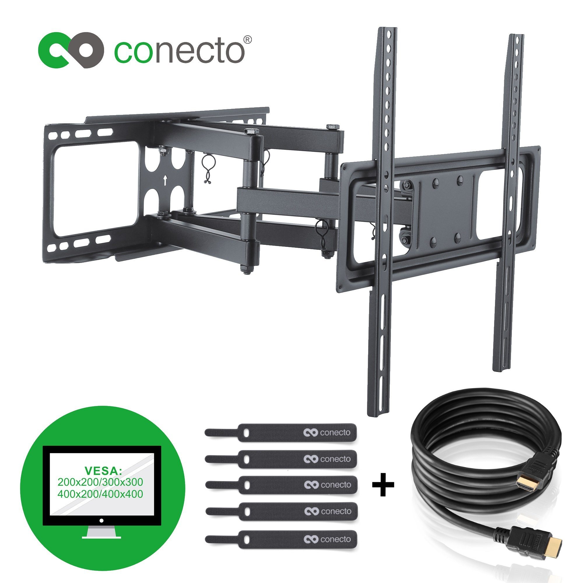 conecto TV-Wandhalterung TV Wandhalter für LCD LED Fernseher & Monitor, (bis 55 Zoll, inklusive HDMI-Kabel und Klett-Kabelbinder, neigbar, schwenkbar)