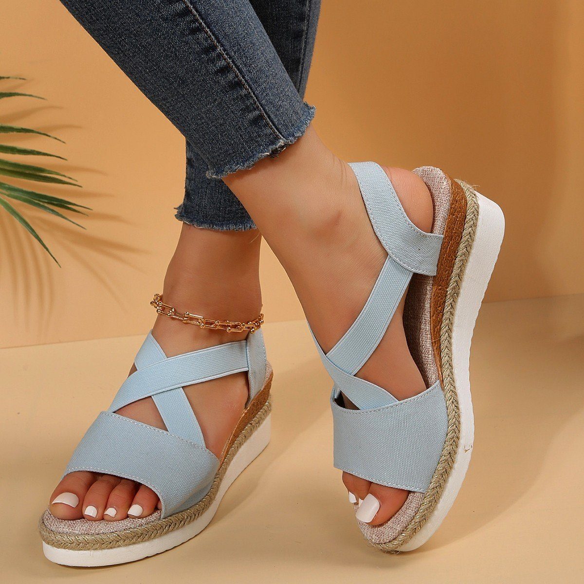 YOOdy~ Sandalen damen sommer Mode Hausschuhe Strand Hellblau Sandale flache Sandalen