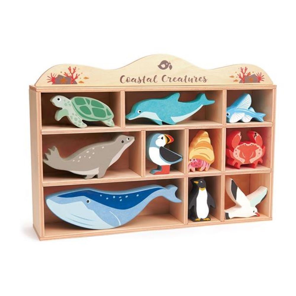 Tender Leaf Toys Stapelspielzeug Holztiere aus Gummibaumholz im Setzkasten Meeretiere