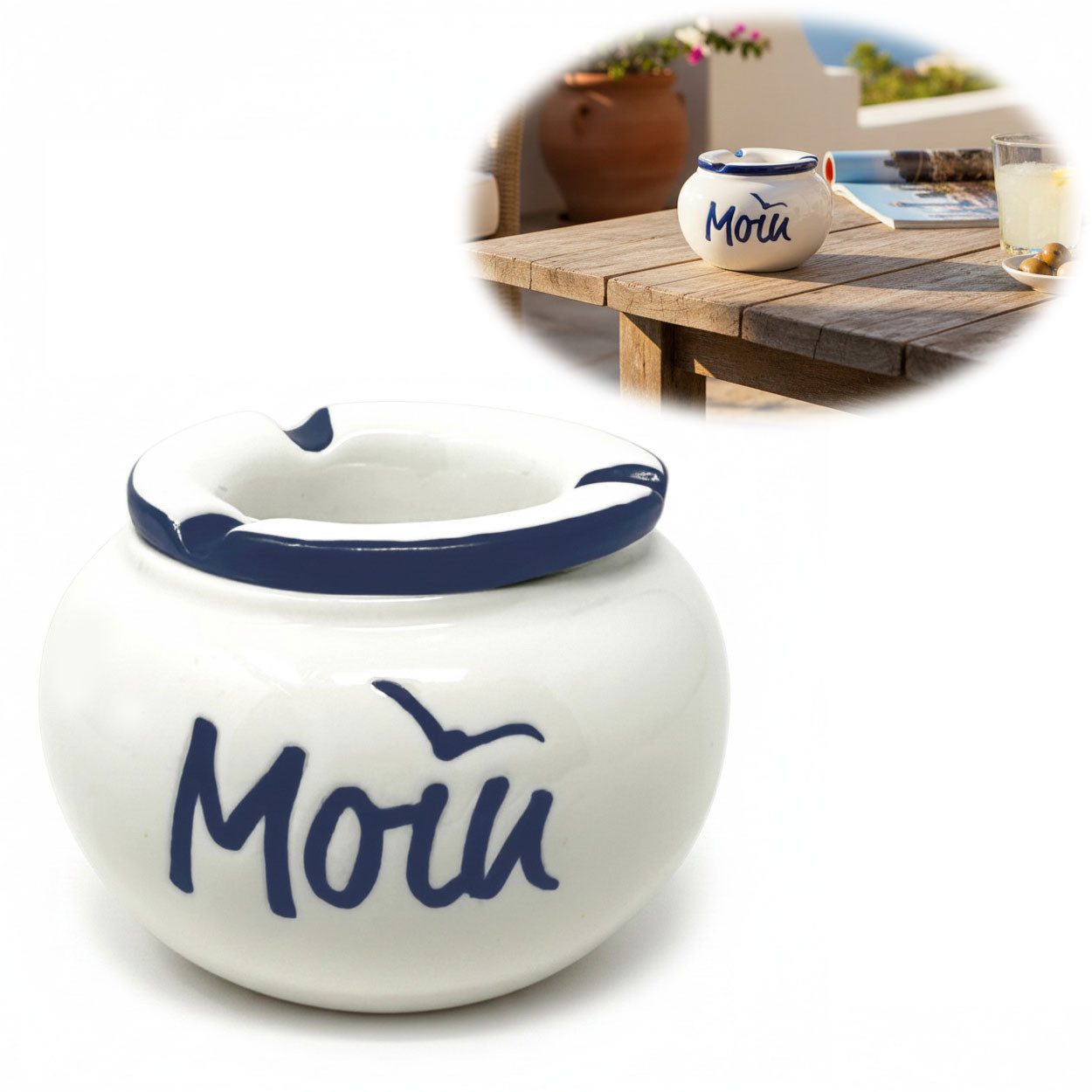 LS-LebenStil Aschenbecher Sturmaschenbecher Moin 10x7,5cm Maritim Weiß Blau mit Deckel, Windaschenbecher Ashtray Tischaschenbecher Garten Balkon Deko