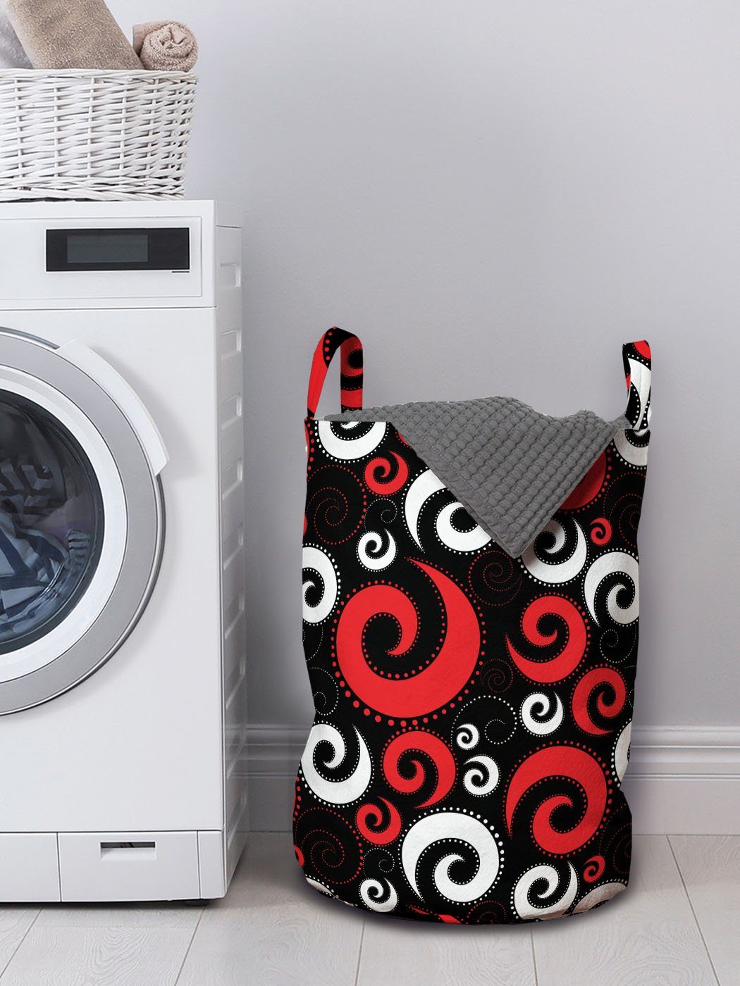 und Punkte Wäschesäckchen mit Spiralen Wäschekorb Schwarz Rot Griffen und für Kordelzugverschluss Abakuhaus Waschsalons,
