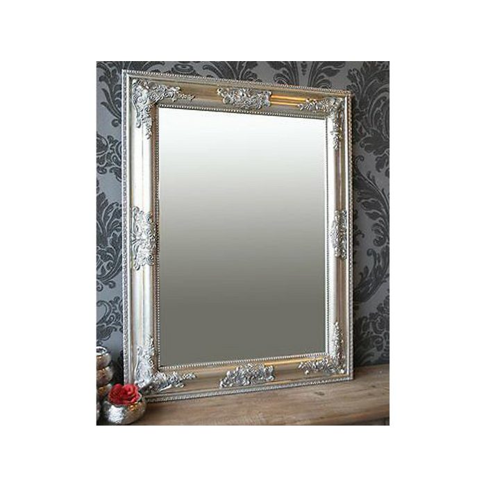 möbelando Barockspiegel Bonny Traumhafter Spiegel in antik-silber mit wunderschönen Verzierungen. Breite 65 cm Höhe 50 cm Tiefe 3 cm. Holzrahmenbreite ca. 7 cm.