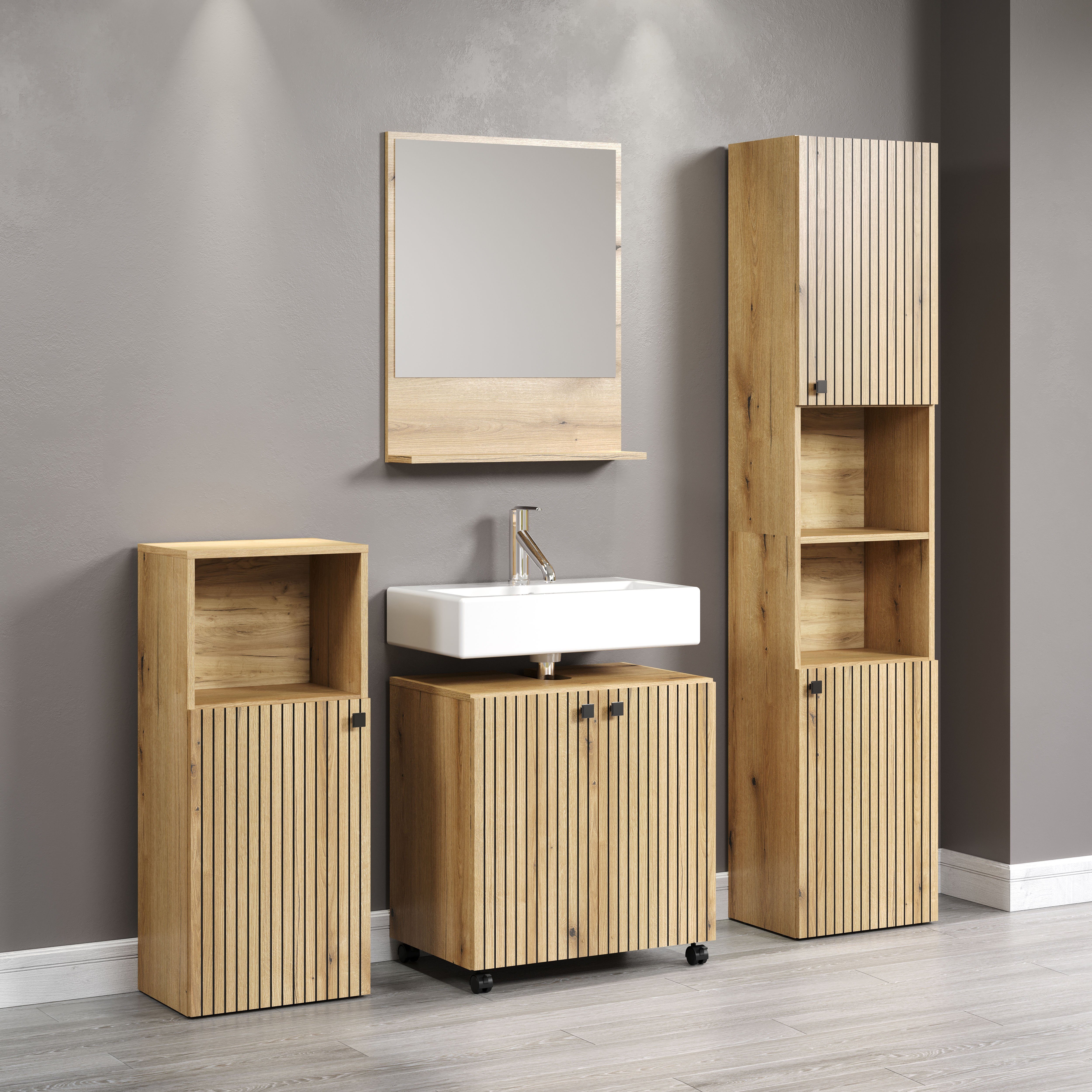 welltime Amrum bathroom furniture set, vanity unit, mirror, tall cabinet, bathroom cabinet (complete set, 4 pieces), 4-piece bathroom furniture set, oak grooved look - dimensions (W/D/H) 160/42/186 cm