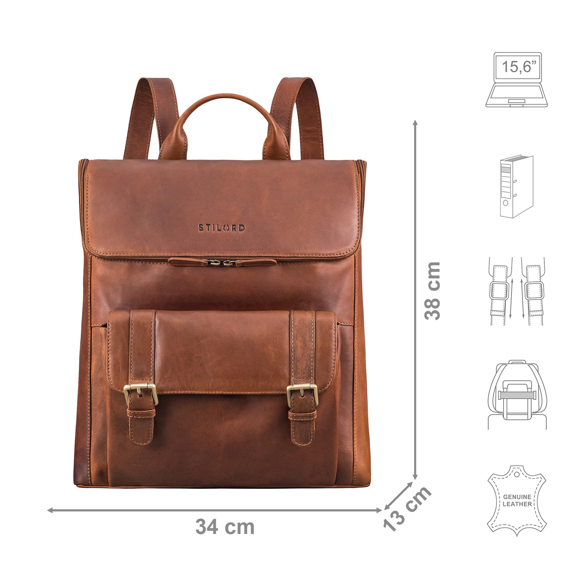 STILORD Notebook-Rucksack "Rosalia" Großer Lederrucksack Damen Echtleder Laptop 15,6 Zoll