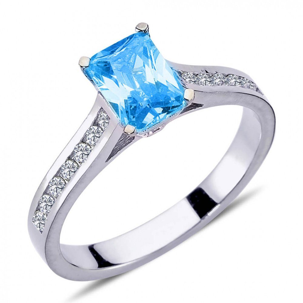 EinStein Diamant Diamantring Halo Diamant Oktagon Blauer Topas Ring 14 Karat Weißgold