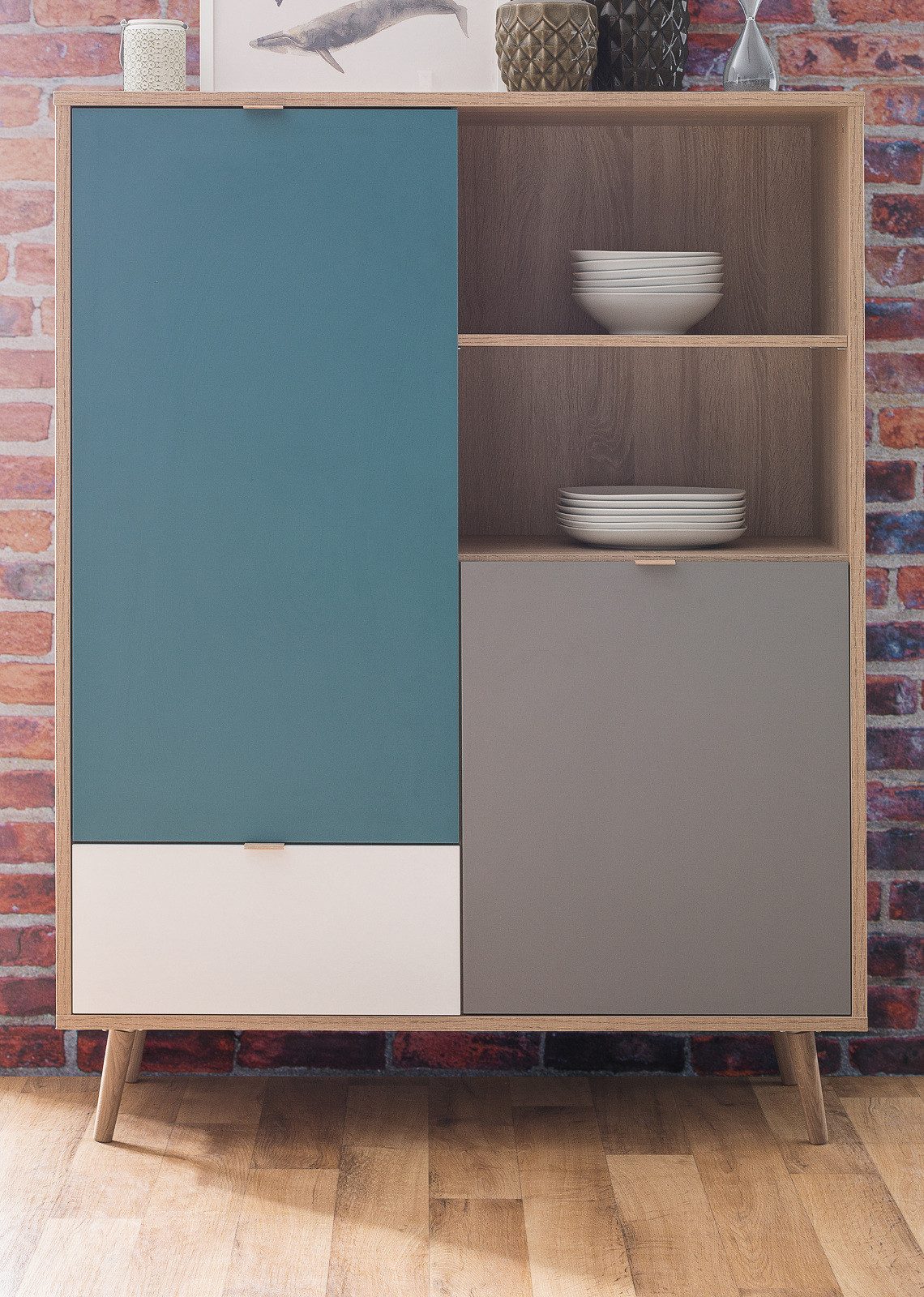 Furn.Design Highboard Colory (Kommode in Eiche Sonoma mit weiß, grau und grün, 103 x 139 cm), skandinavisches Design