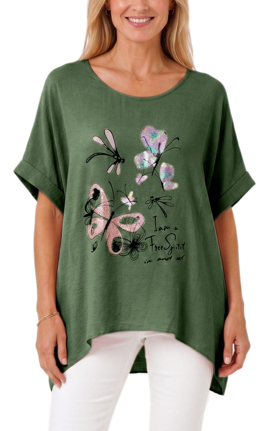 dy_mode Kurzarmshirt Damen Oversize Tunika Sommer Bluse mit Glitzer Shirtbluse Fledermausärmeln, Oversize, mit Glitzer-Steinchen