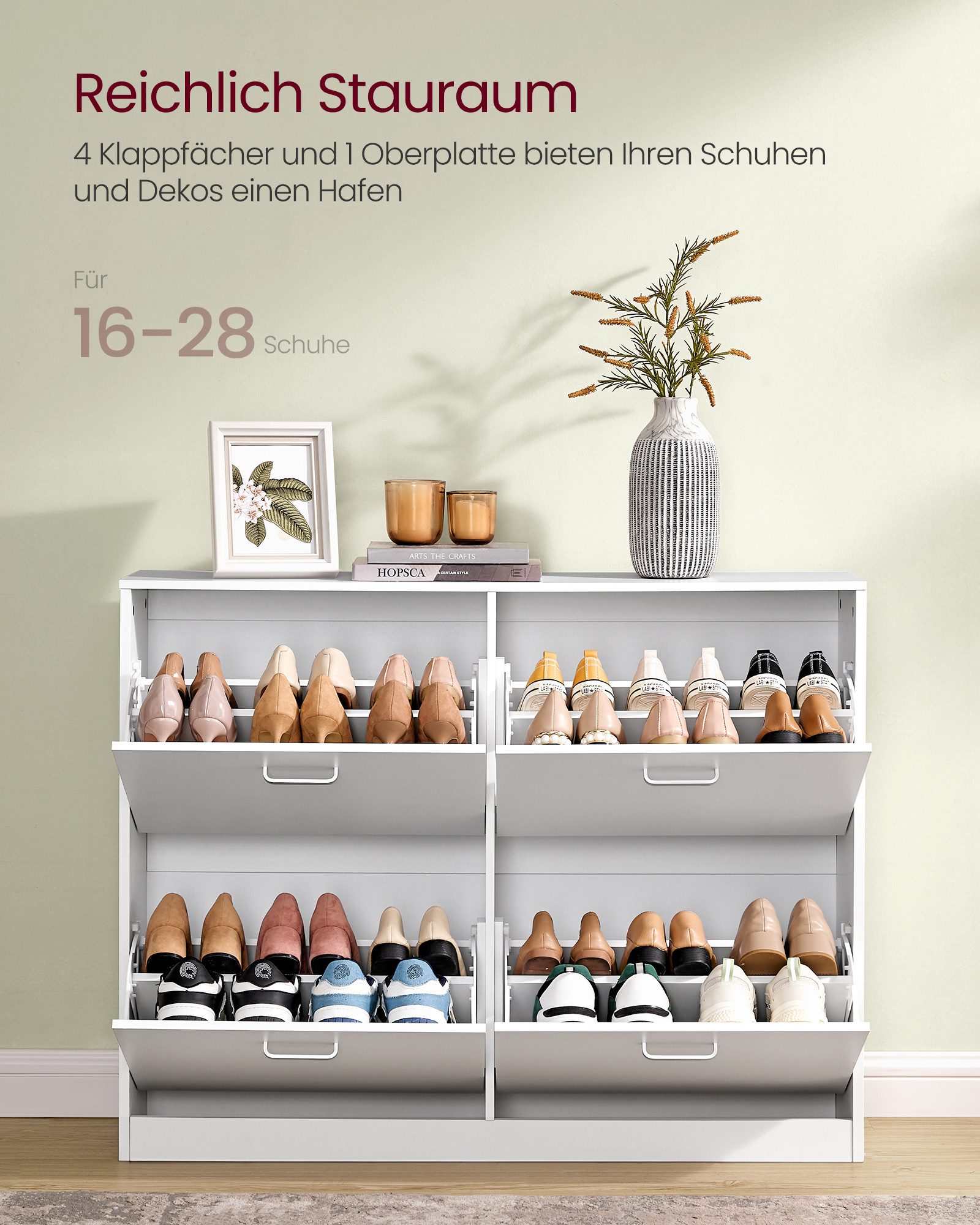 VASAGLE Schuhschrank 4 Klappen, Schuhkipper, Schuhregal, Flur, 24 x 105,5 x 82,7 cm Trennwand verstellbar, für 16-28 Paar Schuhe, EU-Größe bis 48,5