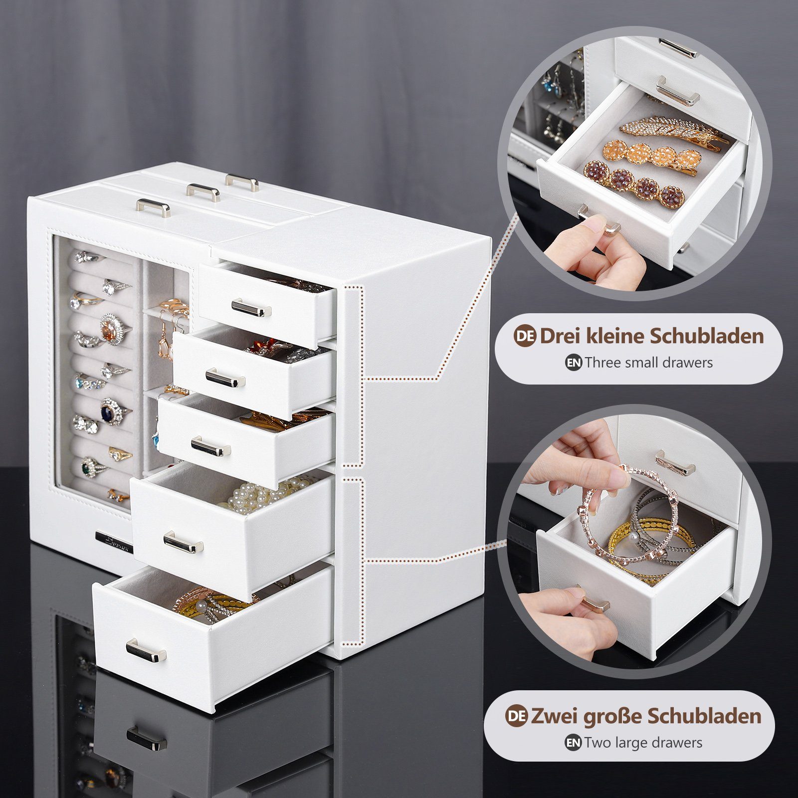 Yorbay Schmuckkasten Groß mit 8 Schubladen, Schmuckkoffer mit Glasfenster für Damen, Schmuckschatulle für Halsketten, Ringe, Armbänder, Ohrringe – Bild 4 von 5