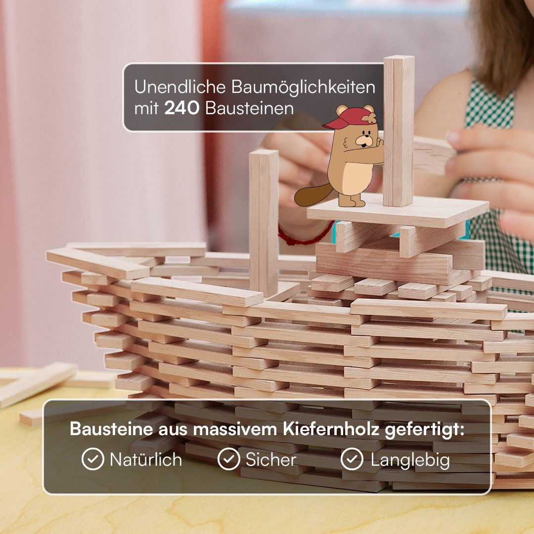 Bellabino Sabino Spielbausteine, (240 Stück), Holzbausteine zum Bauen & Basteln, Kiefernholz natur, ab 3 Jahren