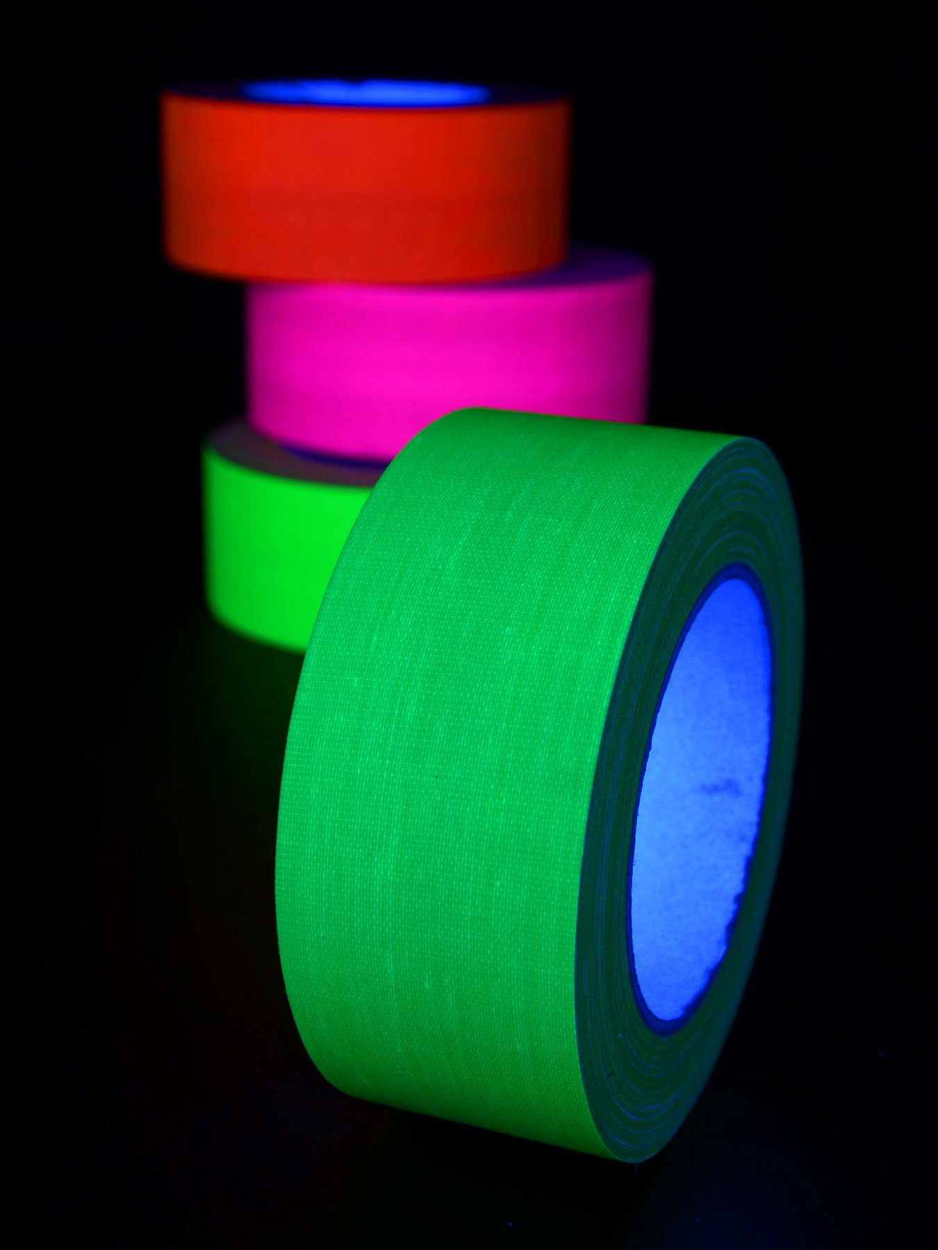 PSYWORK Klebeband Grün, Schwarzlicht Neon leuchtet Gewebeklebeband 50mm unter Schwarzlicht UV-aktiv, 25m-Rolle