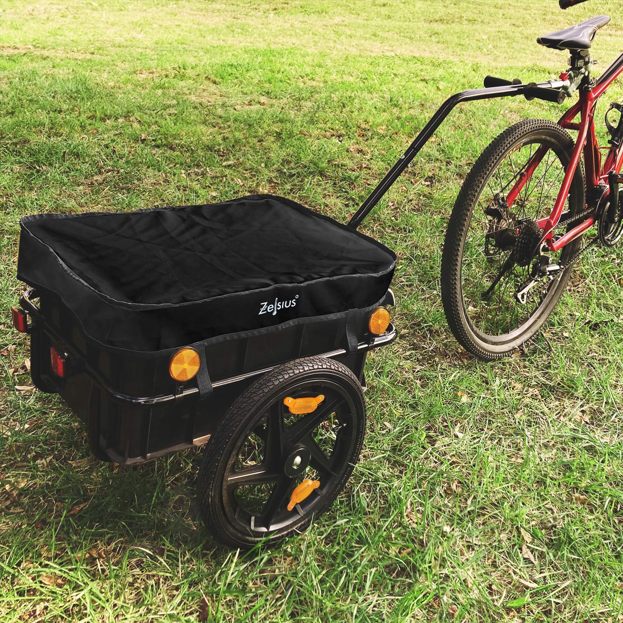 Zelsius bicycle cargo trailer with cover, black, transport cart, cargo trailer, reflective logo on the hood