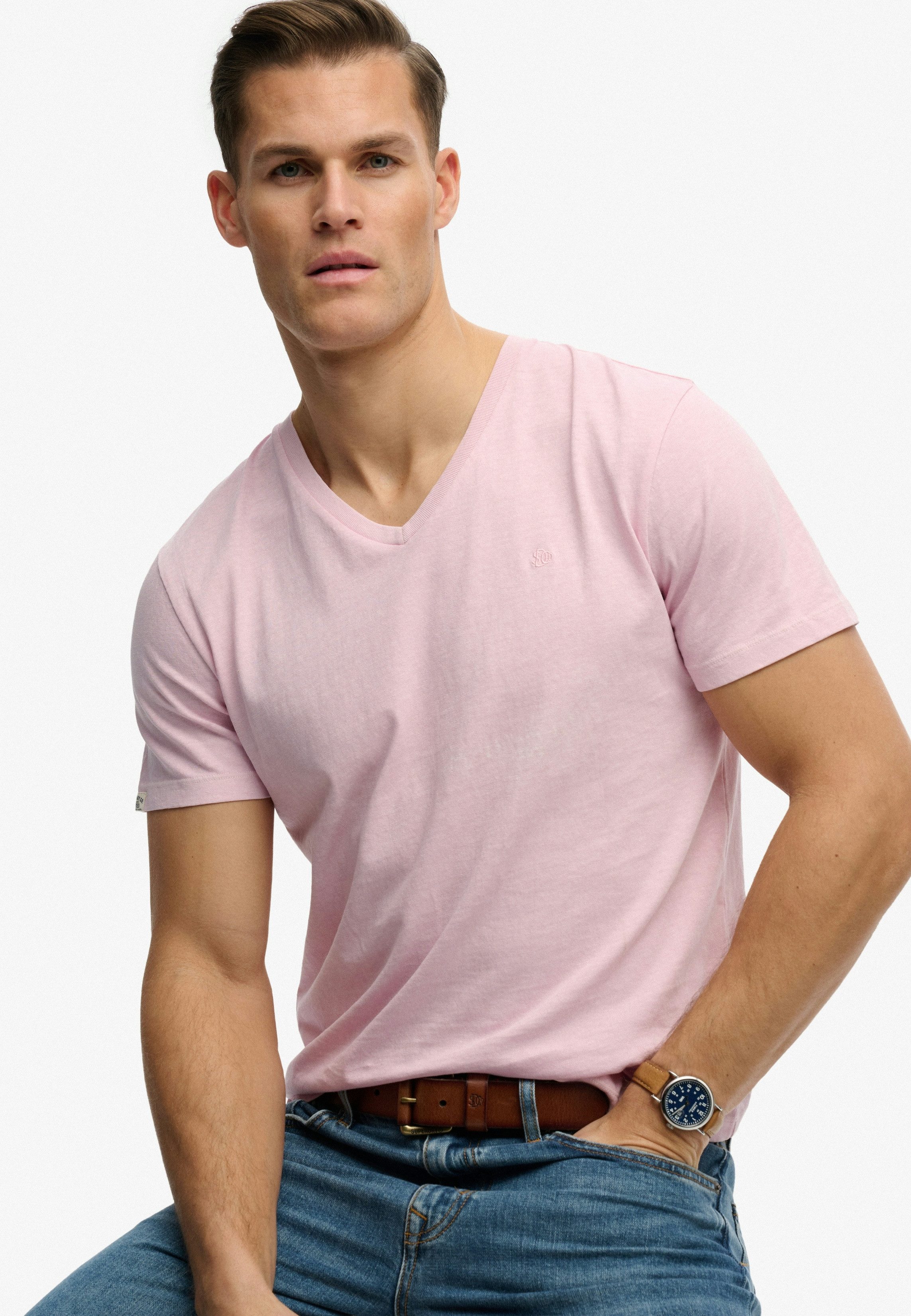 Superdry Rundhalsshirt CLASSIC COTTON LINEN VEE Baumwollmischung, relaxed fit aus luftig leichtem Baumwoll-Leinen-Mix