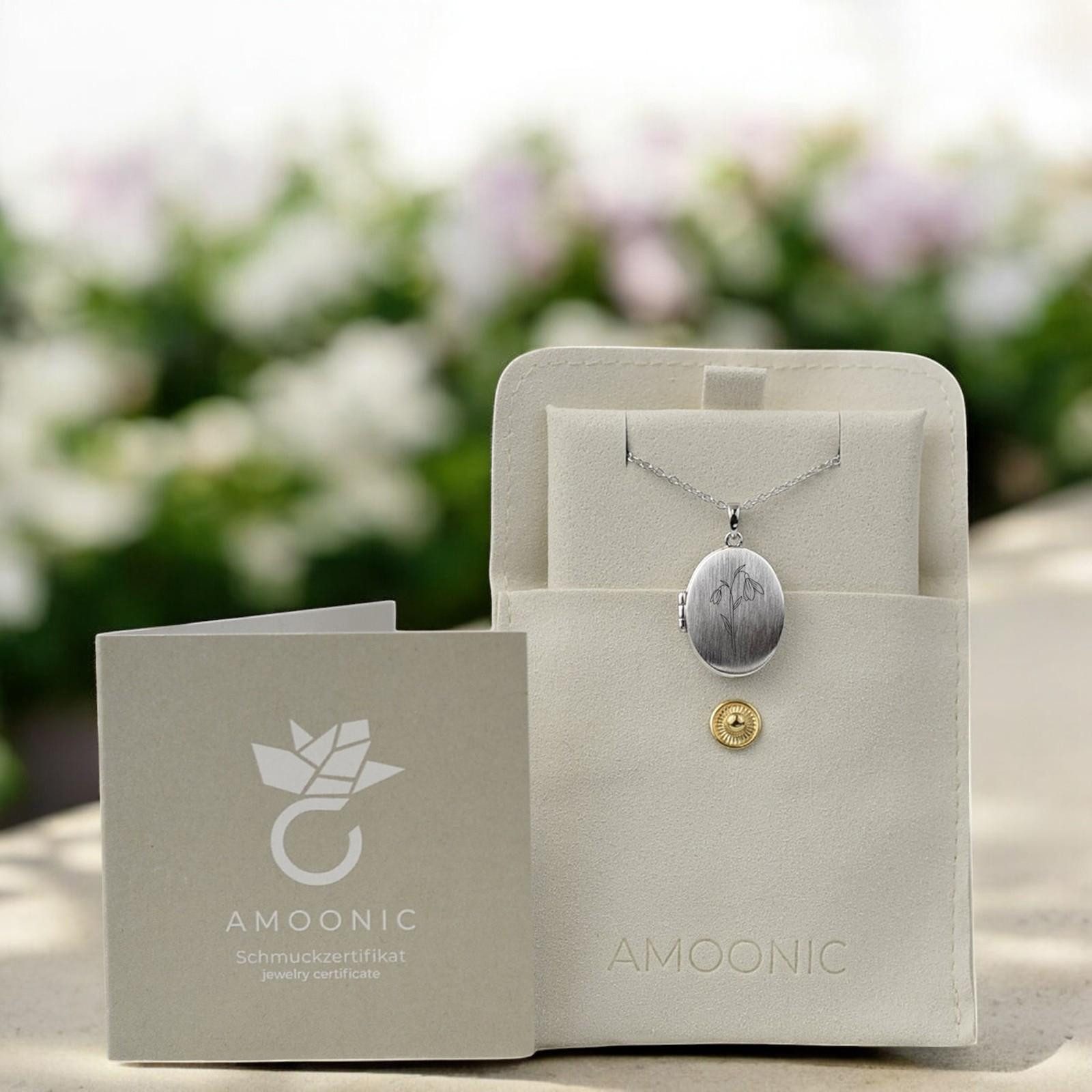 Amoonic Amulett Medaillon Oval Gravur Geburtsblume zum Öffnen für Bilder Silber 925 (inkl. Schmucktäschchen), Anhänger aufklappbar befüllbar Foto Gravur Geburtsblume Januar