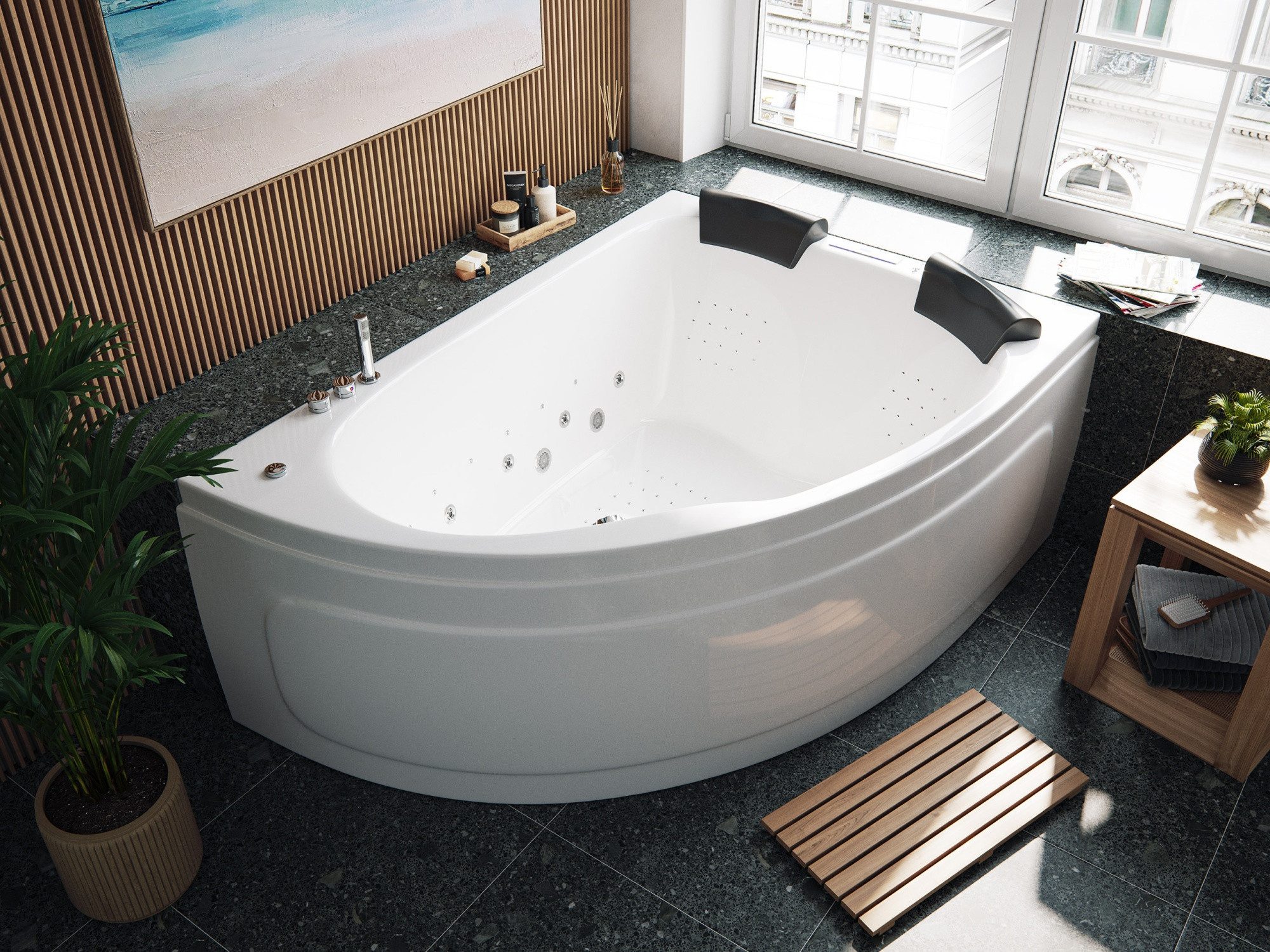 Magnolia Home Whirlpool-Badewanne Deluxe Whirlpool Set Royal XL 1800 ULTRA rechts mit 89 Düsen und LED B