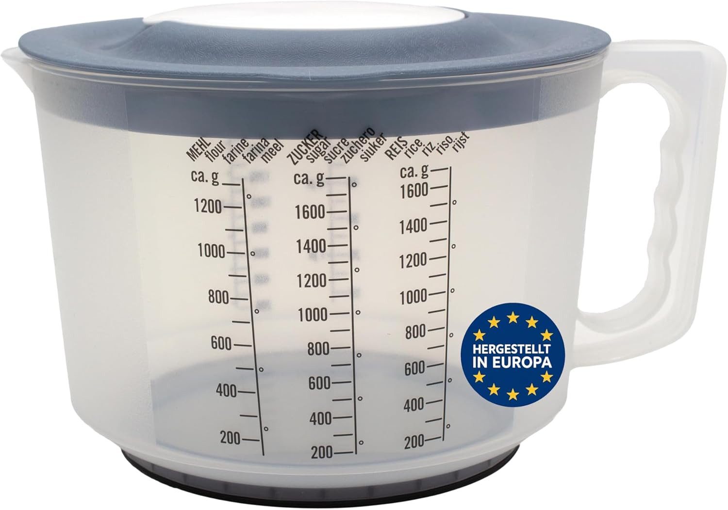 mucHome Messbecher 3in1 Rührbecher 2L mit Spritzschutz, Verschlussdeckel und Ausgießer