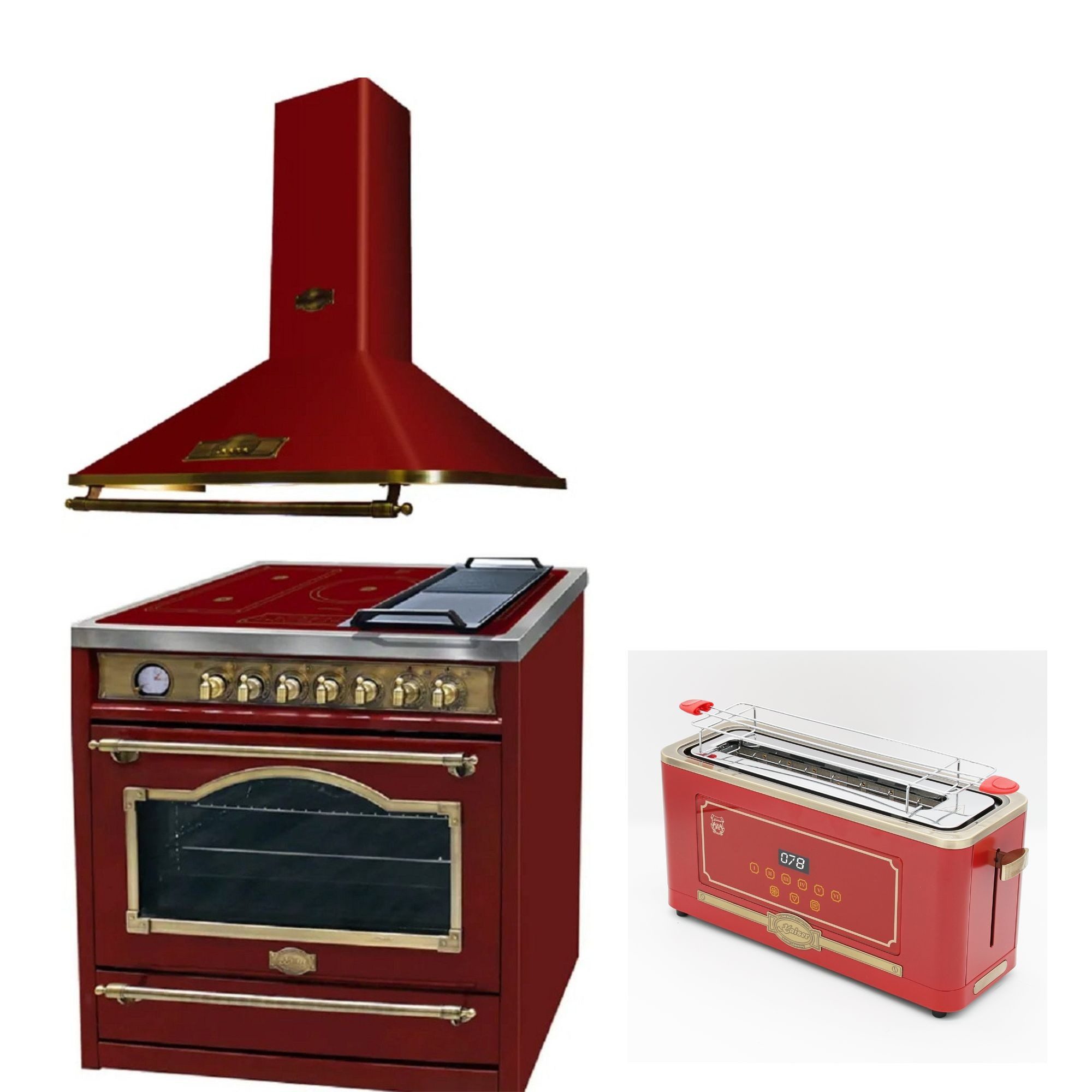 Kaiser Küchengeräte Induktions Herd-Set Elektroherd mit Induktionskochfeld, 90 cm, Farbe Bordeaux mit Dunstabzugshaube 90 cm, 910 m³/h mit Retro-Toaster,6 verschiedene Toaststufen für beste Ergebnisse HC 93655 IRotEm+A 9315 RotEm ECO+T 4000 RotEm, mit 1-fach-Teleskopauszug