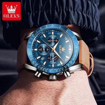 Tidy Quarzuhr Herren-Quarzuhr Chrono Zifferblatt Blau Silber Braunes Lederarmband, Geschenkbox