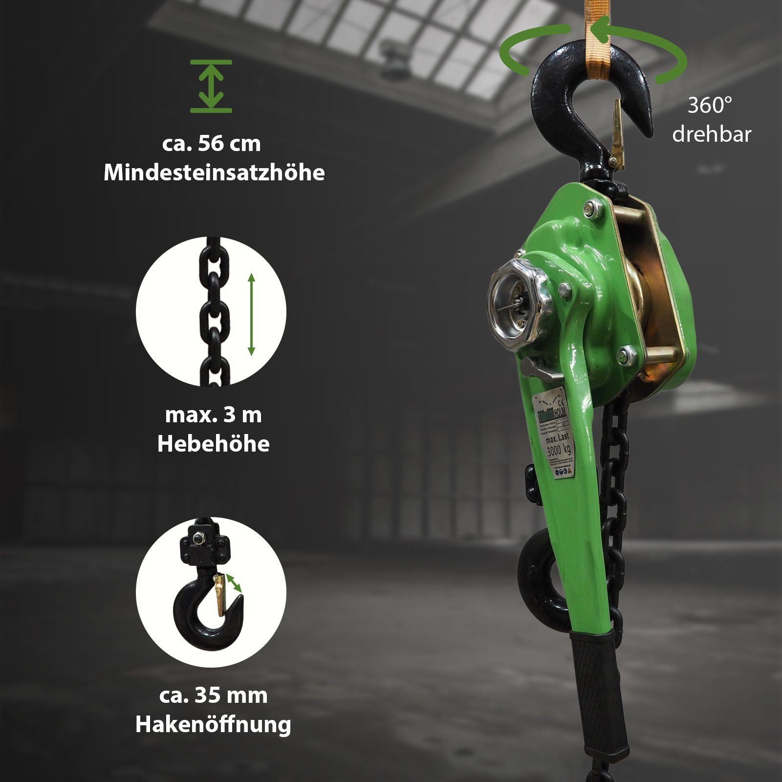 TRUTZHOLM Kettenzug Ratschenzug 3 t - 3 m Hubhöhe Hebezug Kettenzug Hebelzug Flaschenzug, (Produkt, 1 St), Handgriff Kettenendsicherungsring
