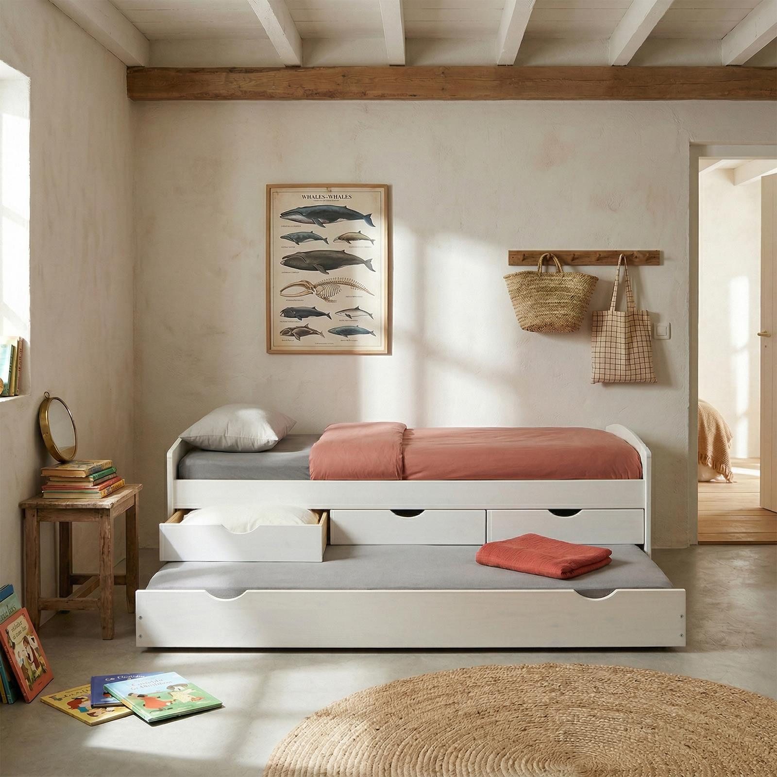 IDIMEX Funktionsbett JESSY, Bett mit Stauraum Jugendbett mit 3 Schubladen Ausziehbett Kiefer 90x19