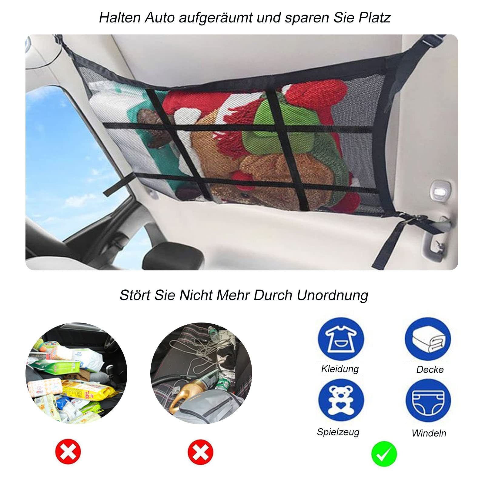 FOUORTUNATE-BEE Aufbewahrungsbox Doppeltes Auto Dachnetz 90x65 cm Kofferraumnetz Aufbewahrung, Autodach Netz für Camping Reisen Decken Kissen und Kleidung – Bild 3 von 5