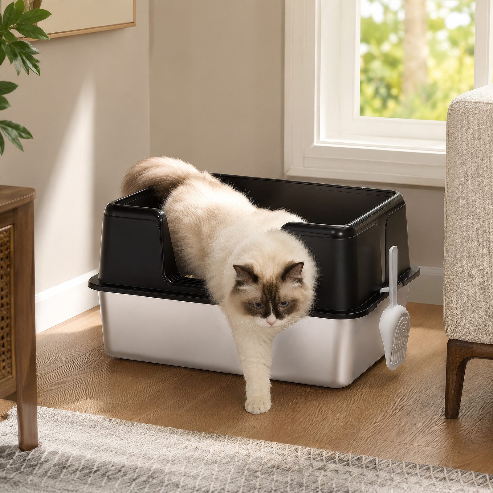 BlingBin Katzentoilette Katzenklo Edelstahl mit Hoher Rand, mit Schaufel, Offenes Design, XL, halbgeschlossenes Katzenklo für große Katzen bis 15 kg