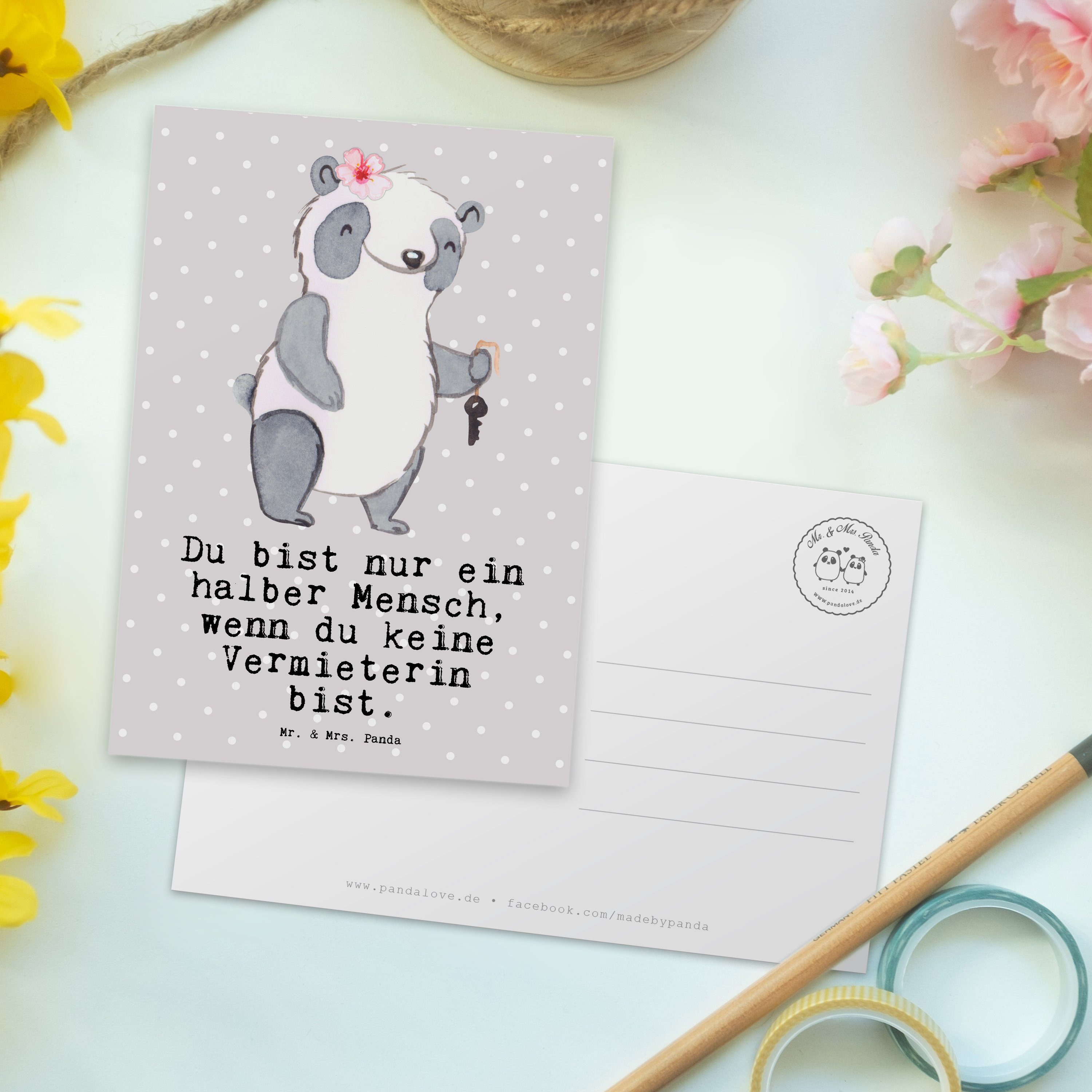 Pastell - Mr. Mrs. - Grau Geschenk, Grußka mit Vermieterin Herz & Panda Ansichtskarte, Postkarte