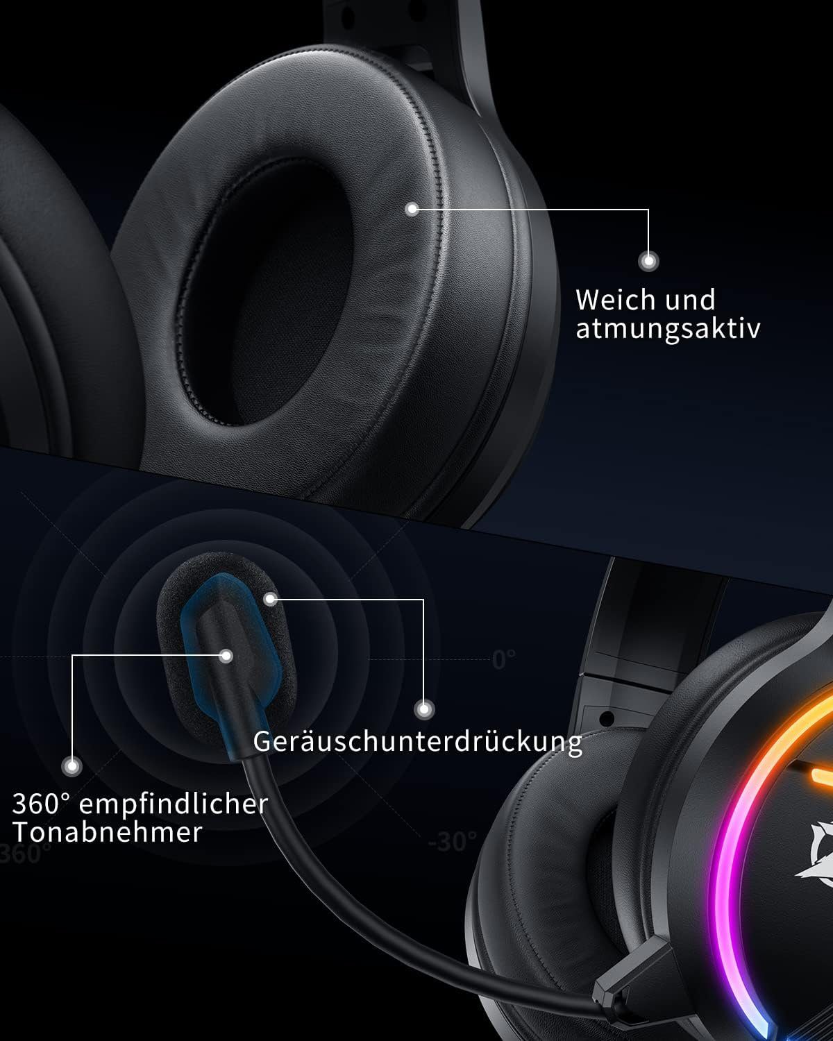 O-Track Mikrofon Leicht Kopfhörer Spielgeschehen:, PS5 (360-Grad-3D-Surround-Sound Cancelling PS4 Eintauchen Licht Xbox) ins RGB PC mit Gaming-Headset für ozeino Mac für Surround Bequem Sound 3D Noise