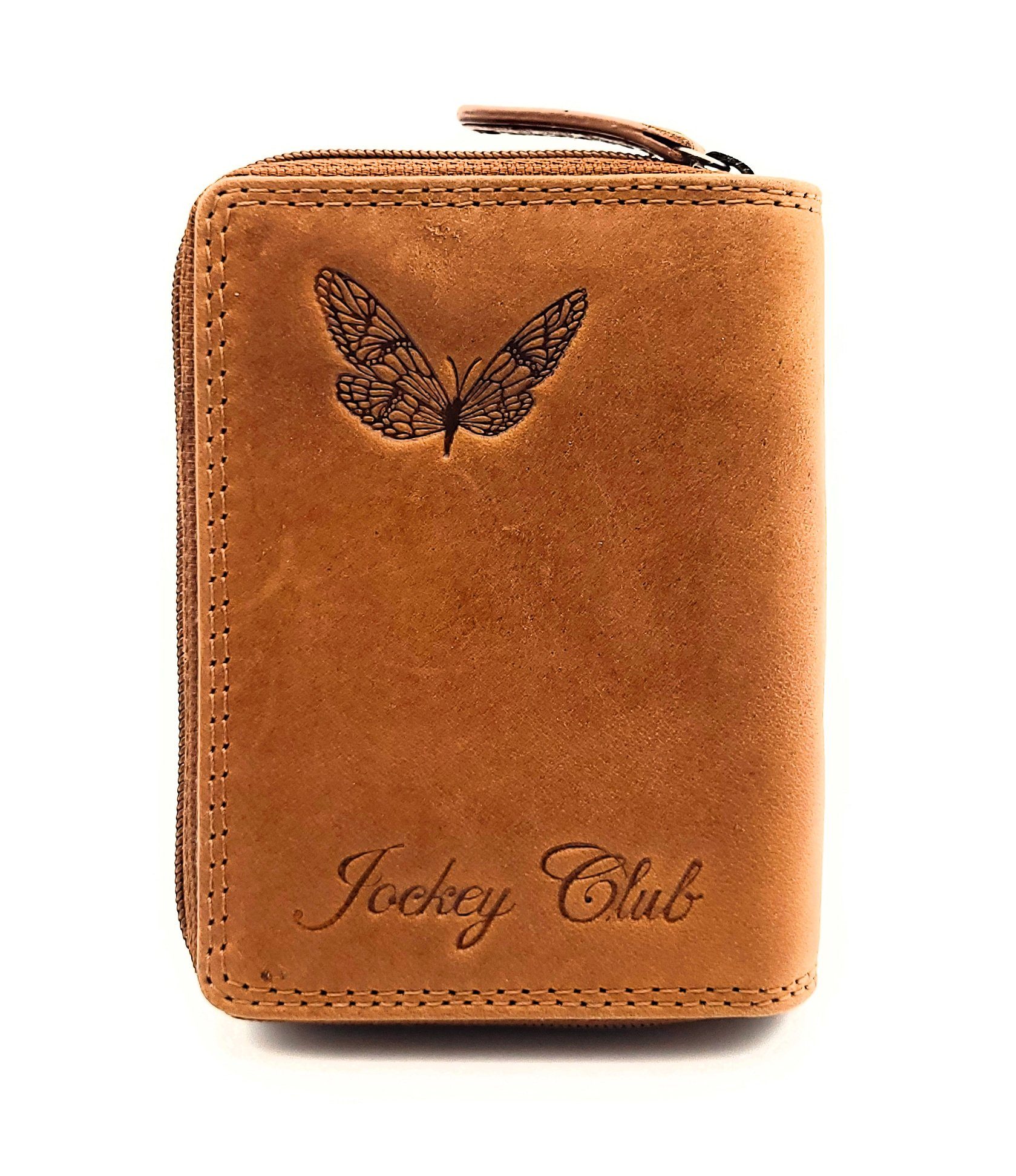 JOCKEY CLUB Mini Geldbörse kleines echt Leder Damen Portemonnaie mit RFID Schutz, wunderschöner Schmetterling, Sauvage Rindleder, cognac braun