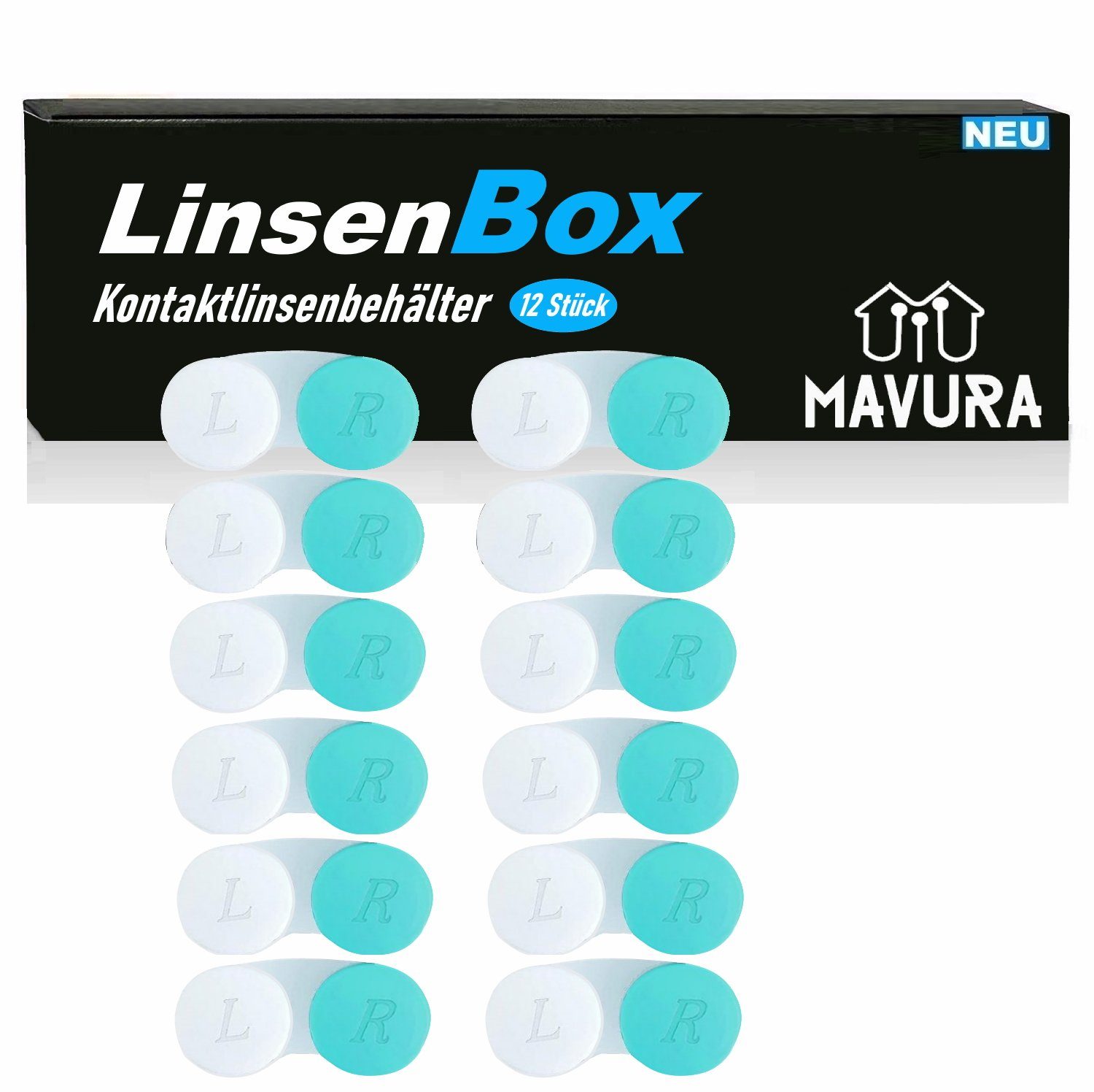 MAVURA Aufbewahrungsdose LinsenBox Kontaktlinsenbehälter Set Kontaktlinsendose, Kontaktlinsen Aufbewahrung Jahresvorrat weiche & harte Linsen [12er]