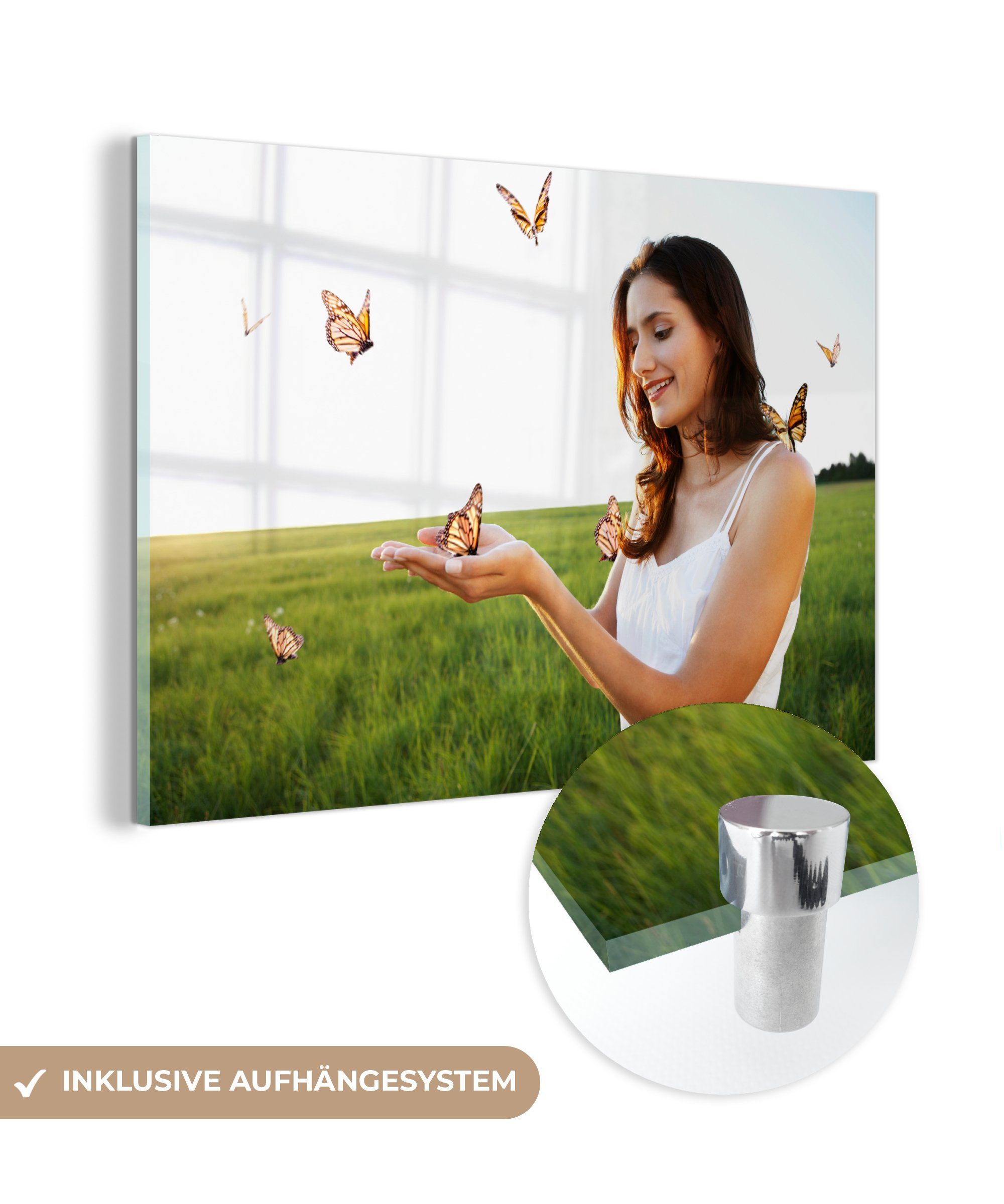 MuchoWow Acrylglasbild Frau zwischen den Schmetterlingen, (1 St), Acrylglasbilder Wohnzimmer & Schlafzimmer
