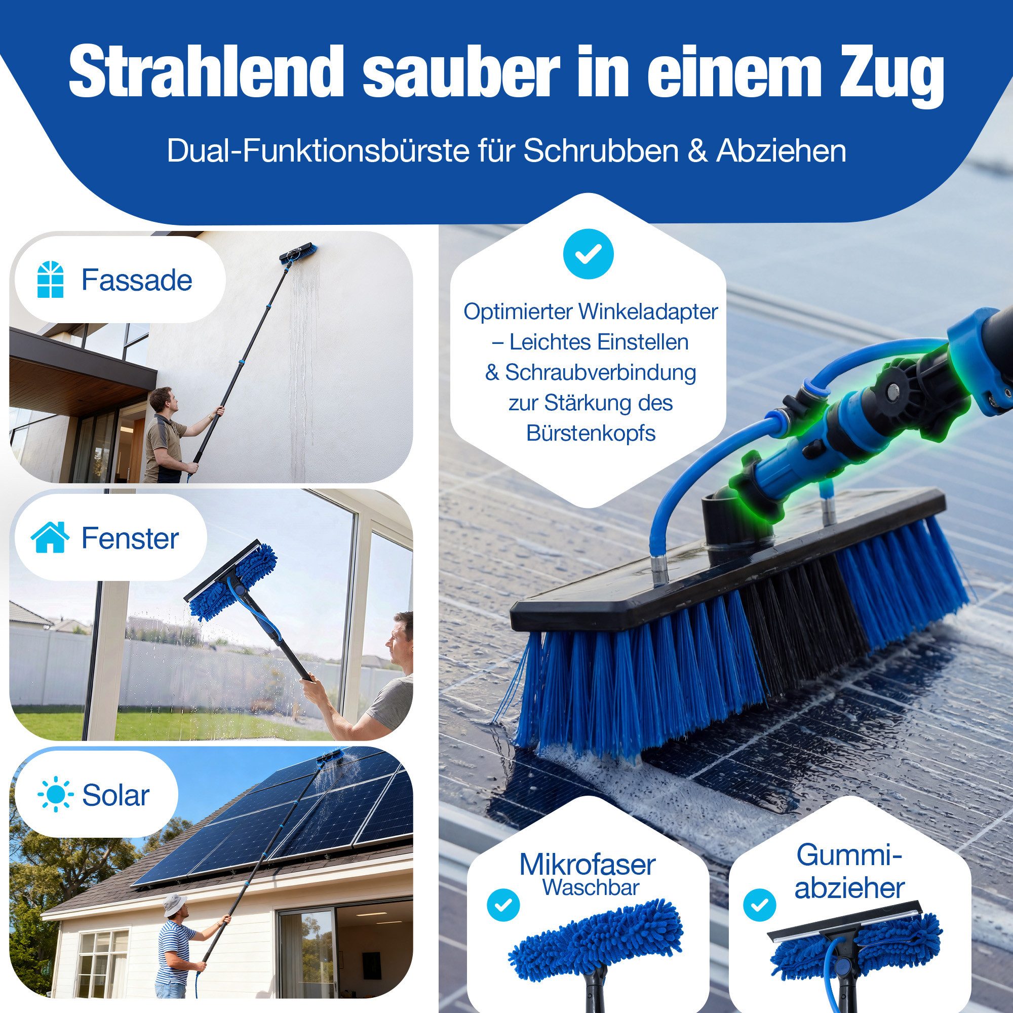 NTG Nutzfahrzeug Technik GmbH Reinigungsbürste Teleskopwaschbürste Innovation mit Zugventil bis zu 7m, Auto, Solar, PV, Camper, (3-in-1 Bürstenkopf), Für Fenste – Bild 5 von 5