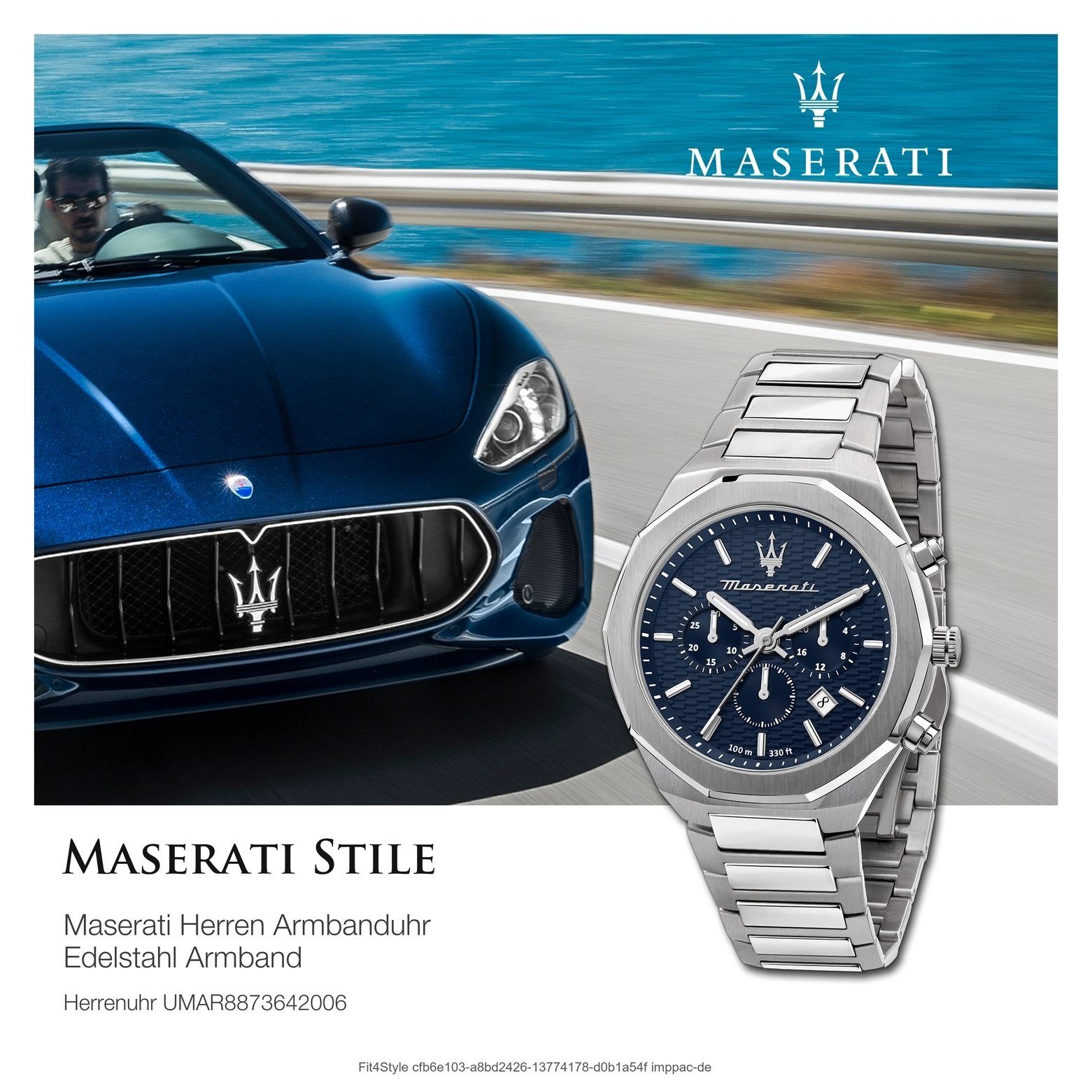 MASERATI Chronograph Maserati Edelstahlarmband, Herrenuhr rund, Chronograph silber Italy groß STILE, 45mm) Herren Made-In blau, (ca
