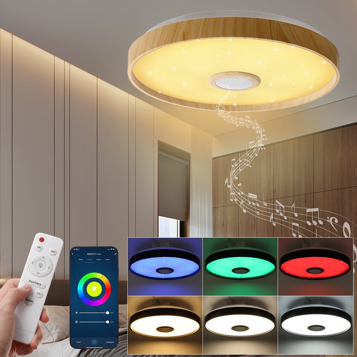 ECSEE Deckenleuchte, WiFi Version, LED fest integriert, Farbwechsler,  Dimmbar mit Bluetooth Lautsprecher, Ø 38CM Led Deckenlampe Farbwechsel RGB  mit Fernbedienung, für Wohnzimmer, Schlafzimmer, Kinderzimmer