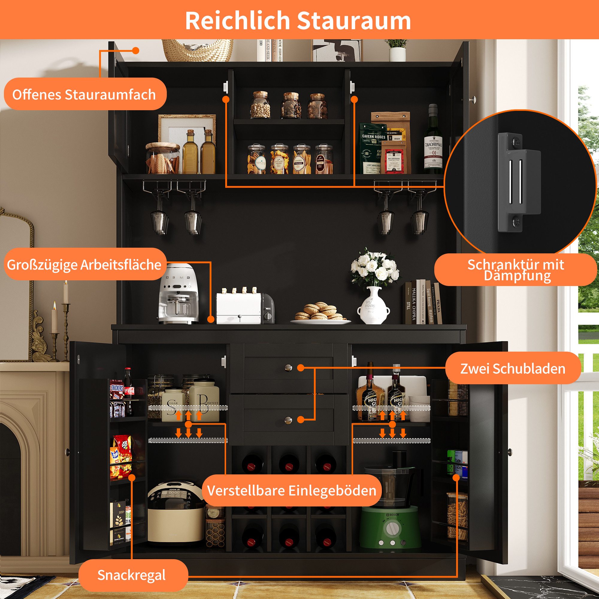 Celya Hochschrank Küchenbuffet mit verstellbaren Ablagen & Weinregal, 4 Türen Weiß (Vitrinenschrank mit Schubladen und Glastüren, 1-St., B120/T40/H188 cm) Hochschrank Küchenschrank Geschirrschrank mit Kippschutz,Schwarz