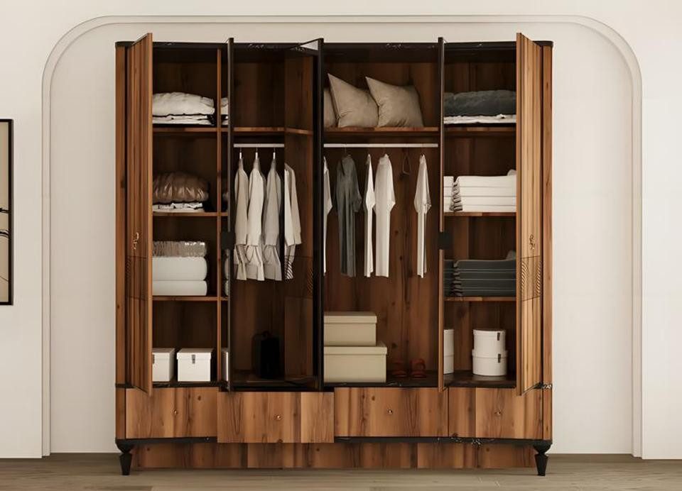 JVmoebel Komplettschlafzimmer Schlafzimmer Garnitur 5tlg. Doppelbett Nachttische Schrank Holz Braun, (5-tlg., Bett, 2xNachttische, Kleiderschrank, Schminktisch), Made in Europe