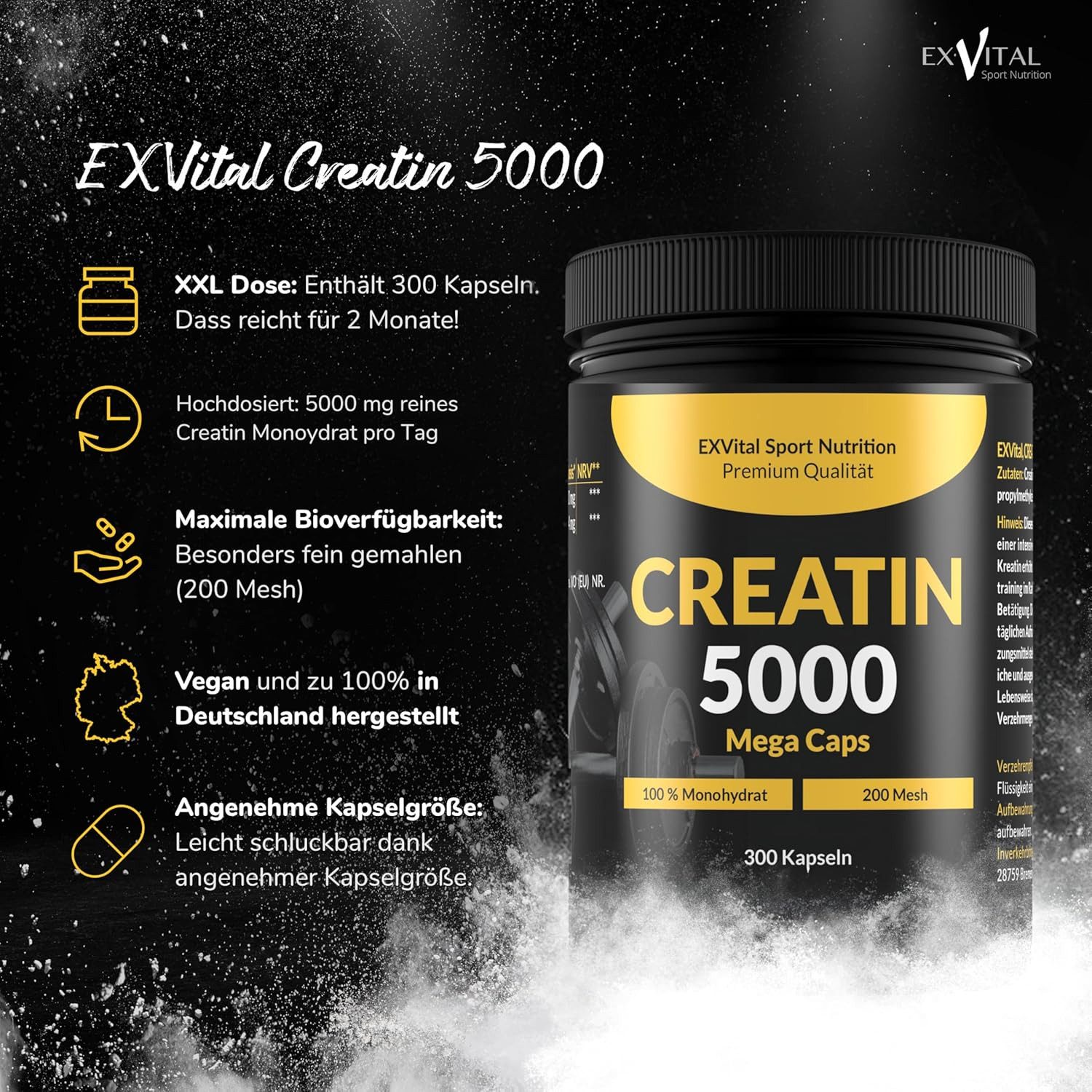 Creatin 5000 Mega Caps, workout booster, 5000 mg Monohydrat pro Tag Kapseln, 1 er 300 St., 350 g